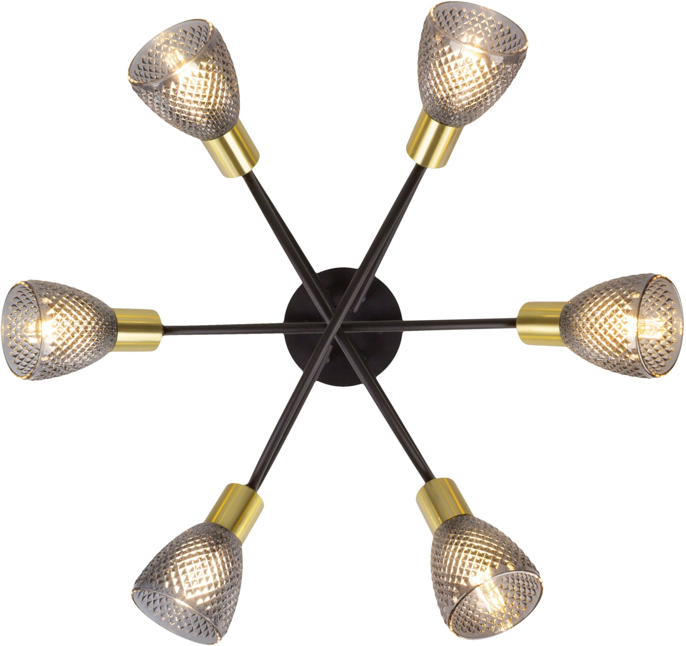 näve Deckenleuchte »Lindita« E14 1 Stk. 6er Spot, Relief-Glasschirm smokey, Gestell messing matt, 6x E14 exkl.