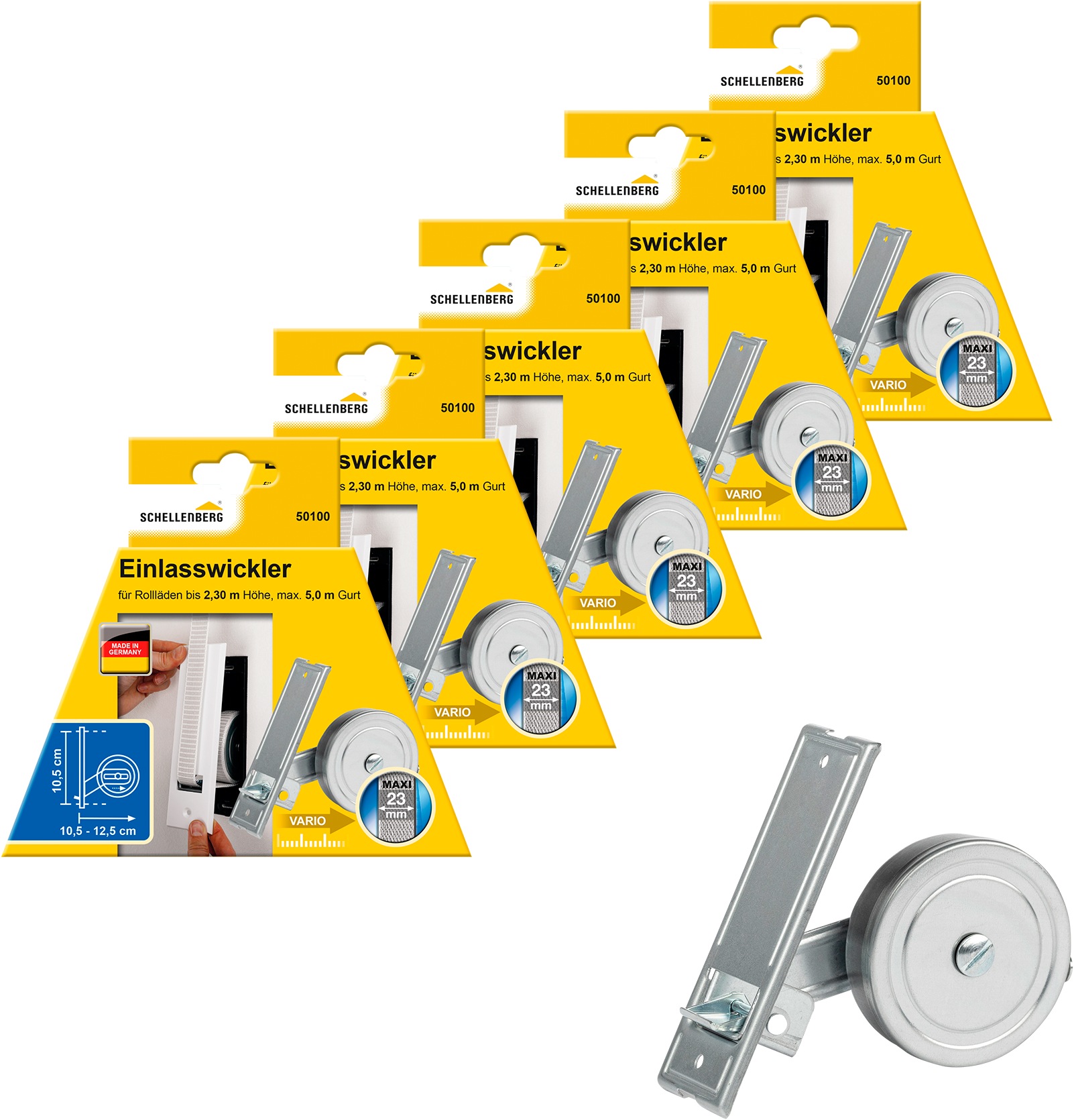 SCHELLENBERG Einlass-Gurtwickler "für das Rollladensystem Maxi, Lochabstand 10,5 cm, Unterputz-Montage", 5 Stk., silber, Gurtwickler, für