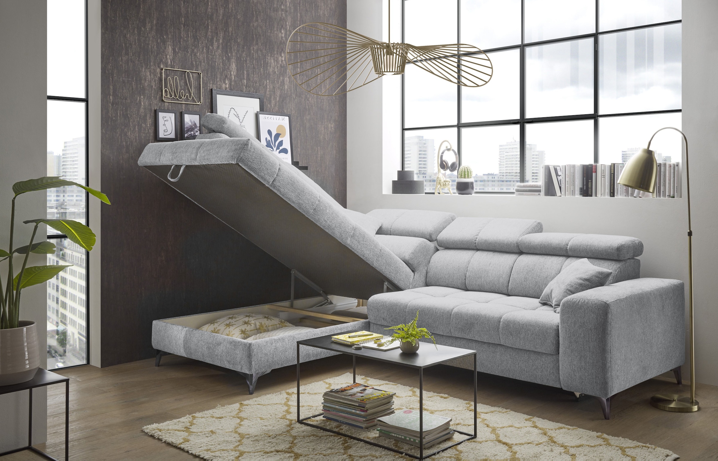 ED EXCITING DESIGN Ecksofa »Sydney L-Form«, mit Bettfunktion, Bettkasten, Kopfteilverstellung & 2 Zierkissen