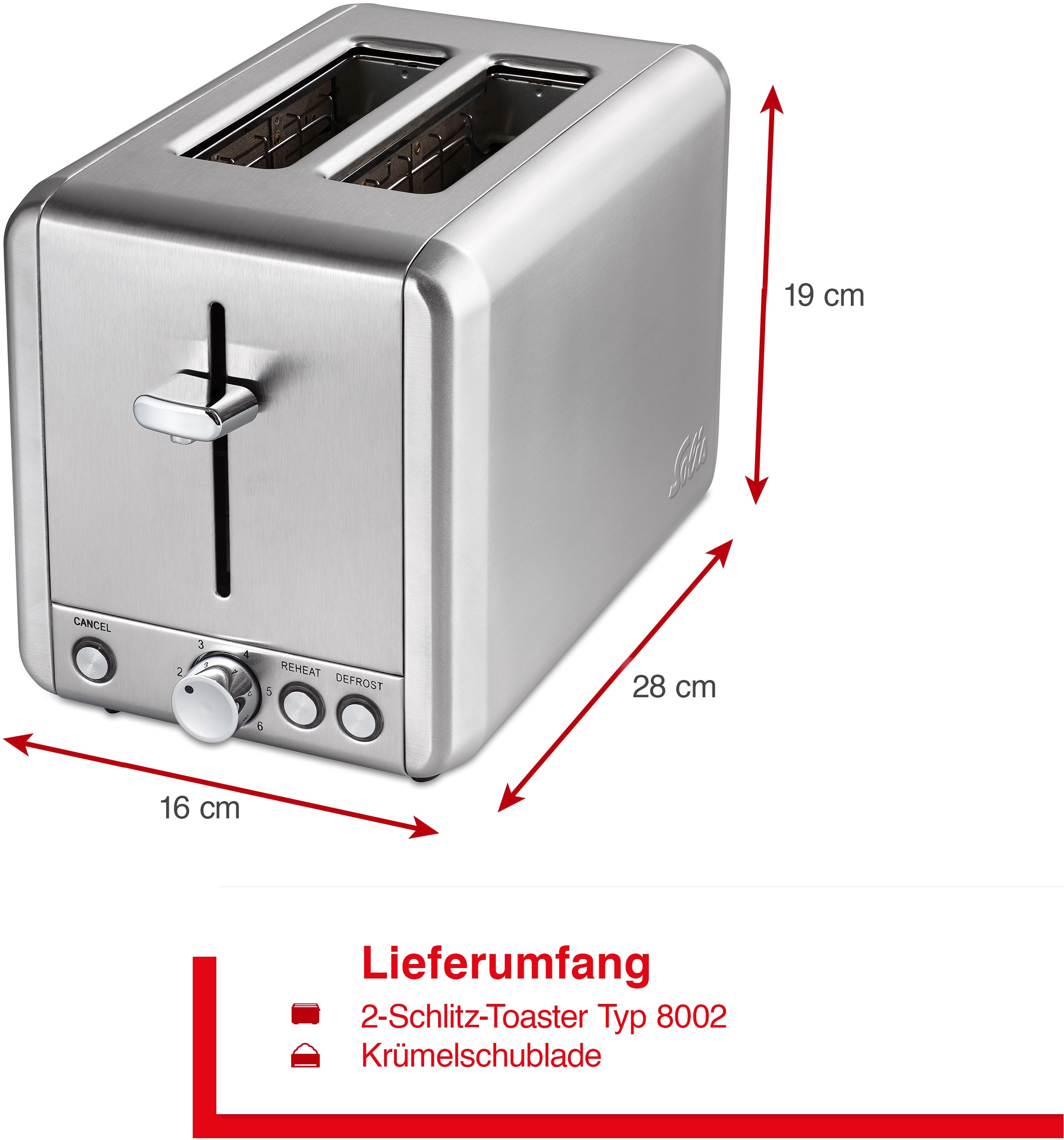 SOLIS OF SWITZERLAND Toaster »Steel Toaster (Typ 8002)«, 2 kurze Schlitze, 925 W, mit 2 Schlitzen, Edelstahl