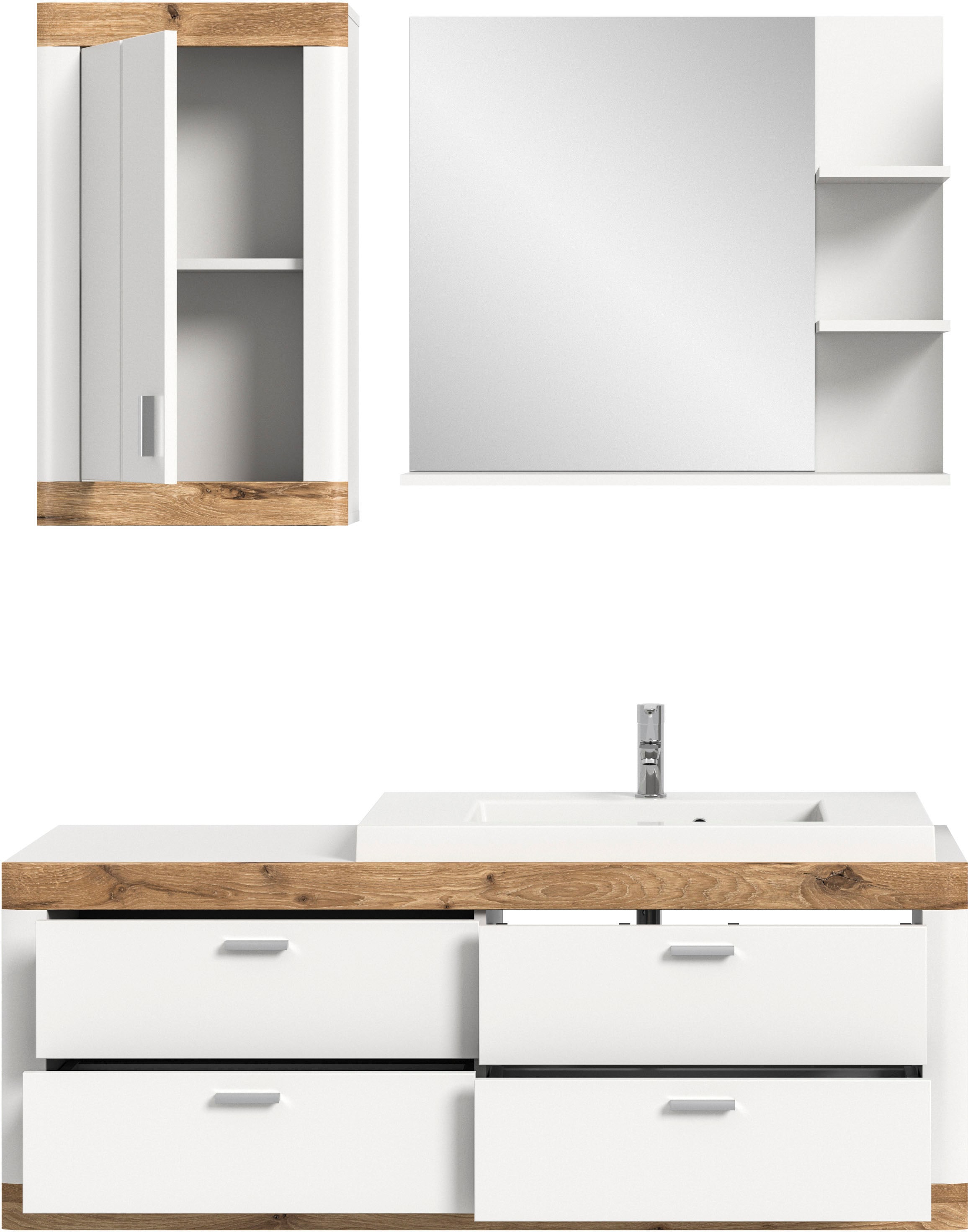 Home affaire Badmöbel-Set »Landsby, 3 teilig, inklusive Mineralguss-Waschbecken, bestehend aus:«, (Set, 3 St.), Waschtisch inkl. Waschbecken, Hängeschrank, Badspiegel
