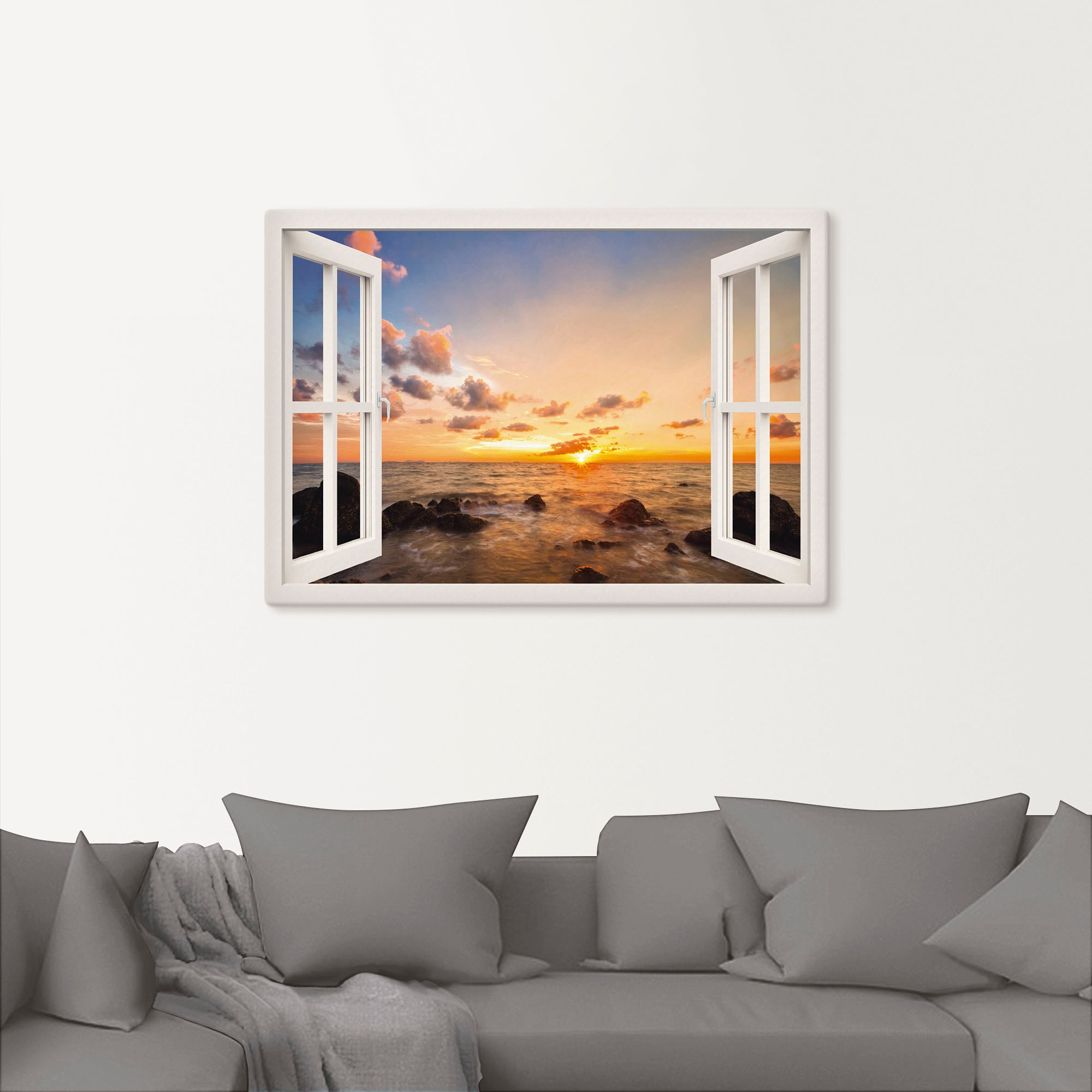 Artland Wandbild »Fensterblick Sonnenuntergang am Meer«, Fensterblick, (1 St.), als Alubild, Outdoorbild, Leinwandbild, Wandaufkleber, versch. Größen