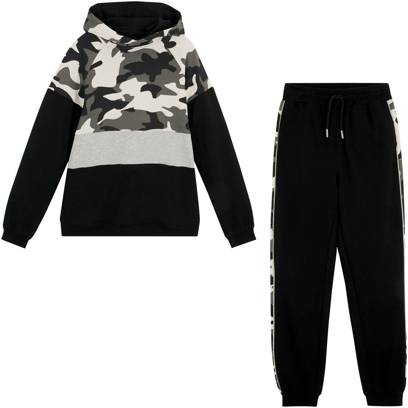 bonprix Langarmshirt & Hose "Sweatshirt & Jogginghose" Set, 2 mit Tarn-Print, Colorblocking-Einsätzen und mit bequemen Rippbündchen
