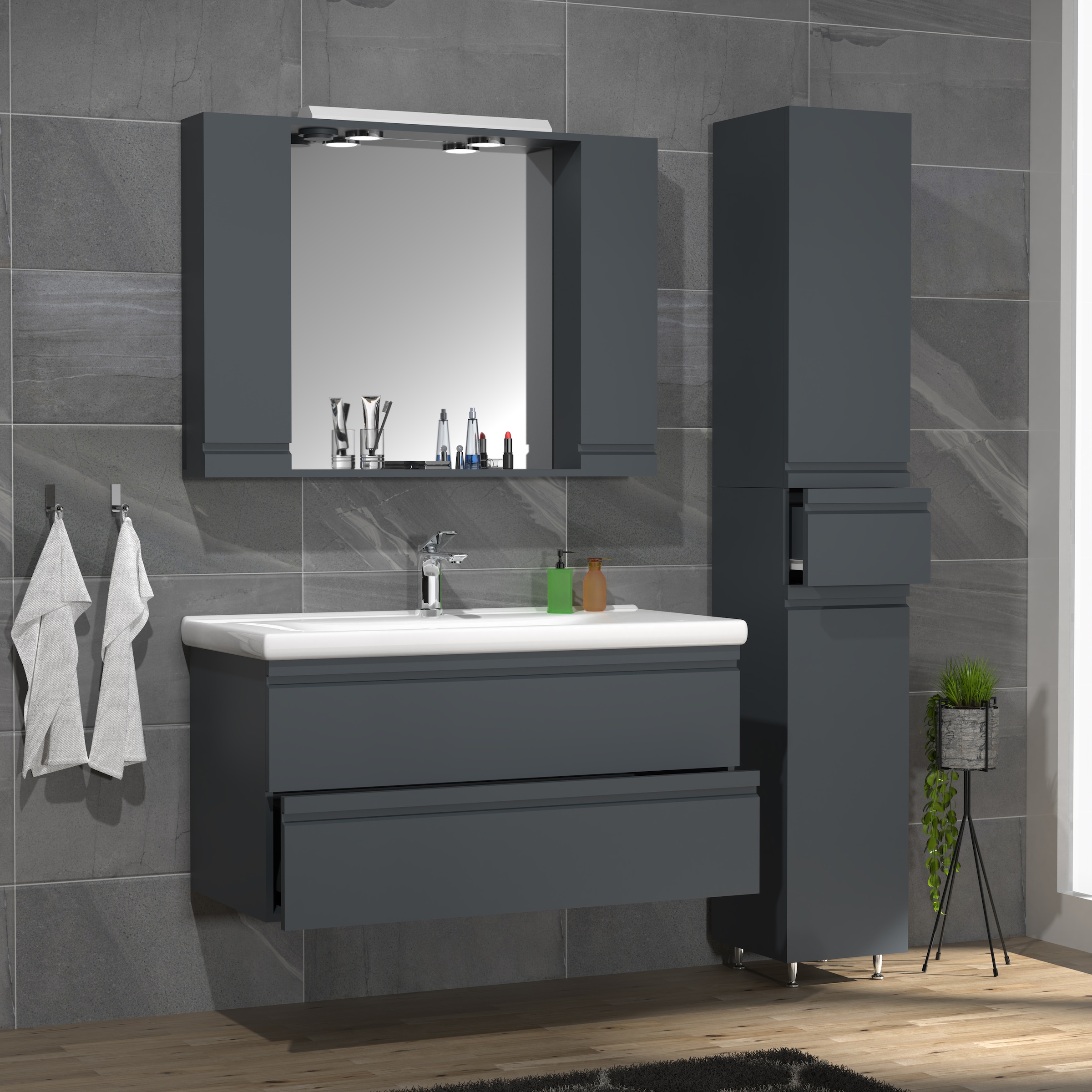 VCM Waschbeckenunterschrank »VCM 4-tlg. Waschplatz Waschtisch 100 cm Badmöbel Set Waschbecken grifflose Schublade Spiegelschrank Hochschrank Silora XL«, (4 St.)