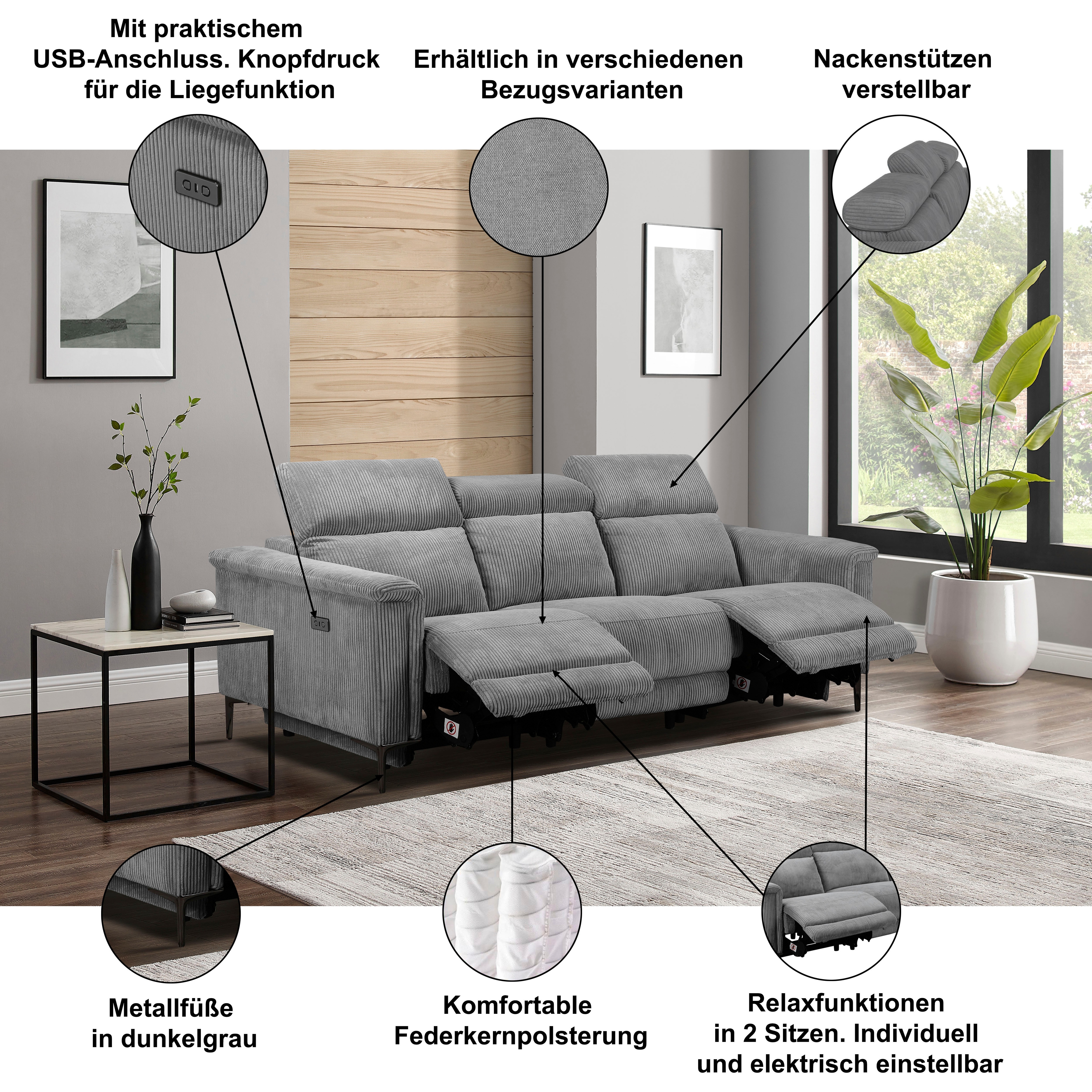 Thumbnail - Home affaire 3-Sitzer "Lund Cord, mit manueller o. elektrischer Relaxfunktion in 2 Sitzen," USB-C, Kopfteilverstellung, ...