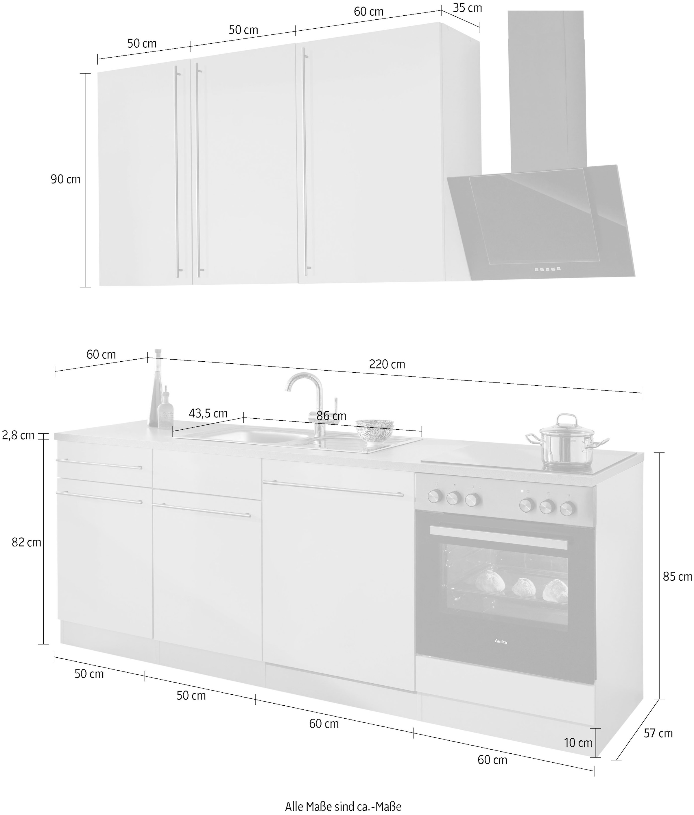 wiho Küchen Küchenzeile »Chicago«, mit E-Geräten, Breite 220 cm bestellen |  BAUR | Küchenzeilen mit Geräten