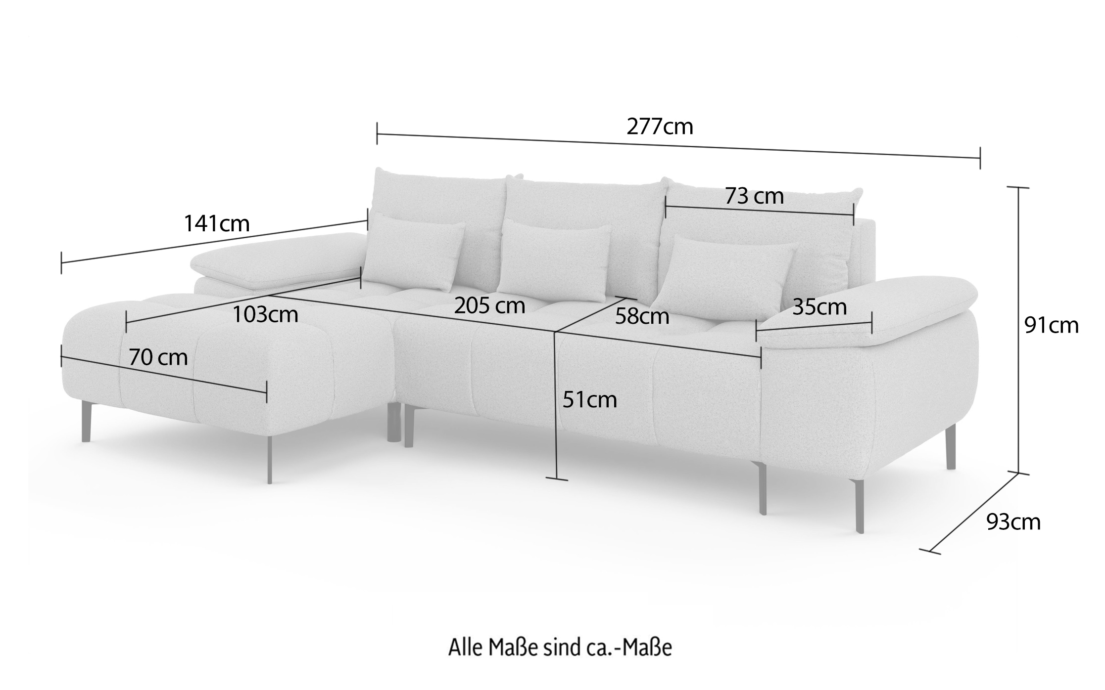INOSIGN Ecksofa »DROMARA Schlafsofa mit Bettkasten, Maße: B/T/H 277/141/91 cm«, L-Form mit Recamiere rechts/links bestellbar, Wellenunterfederung