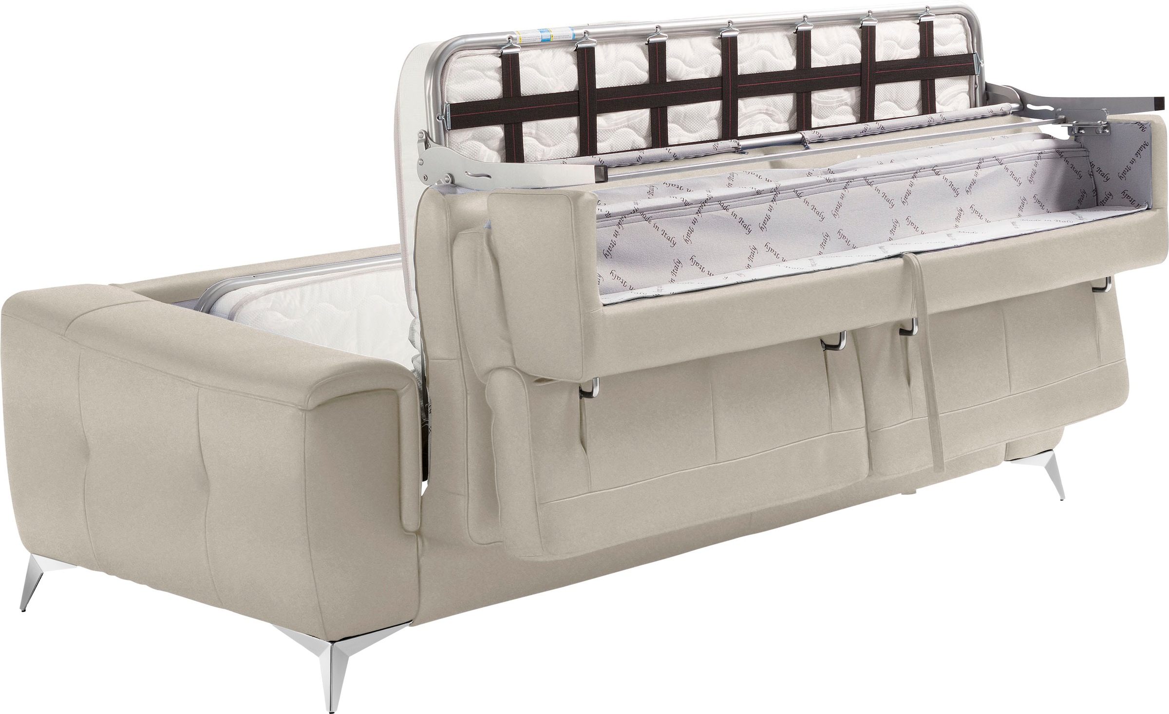 Egoitaliano Schlafsofa »Francine Designsofa, Loungesofa mit Dauerschlaffunktion, Breite 233 cm«, Bettfunktion, Luxus-Microfaser Lederoptik, opal grau, Fußfarbe chrom
