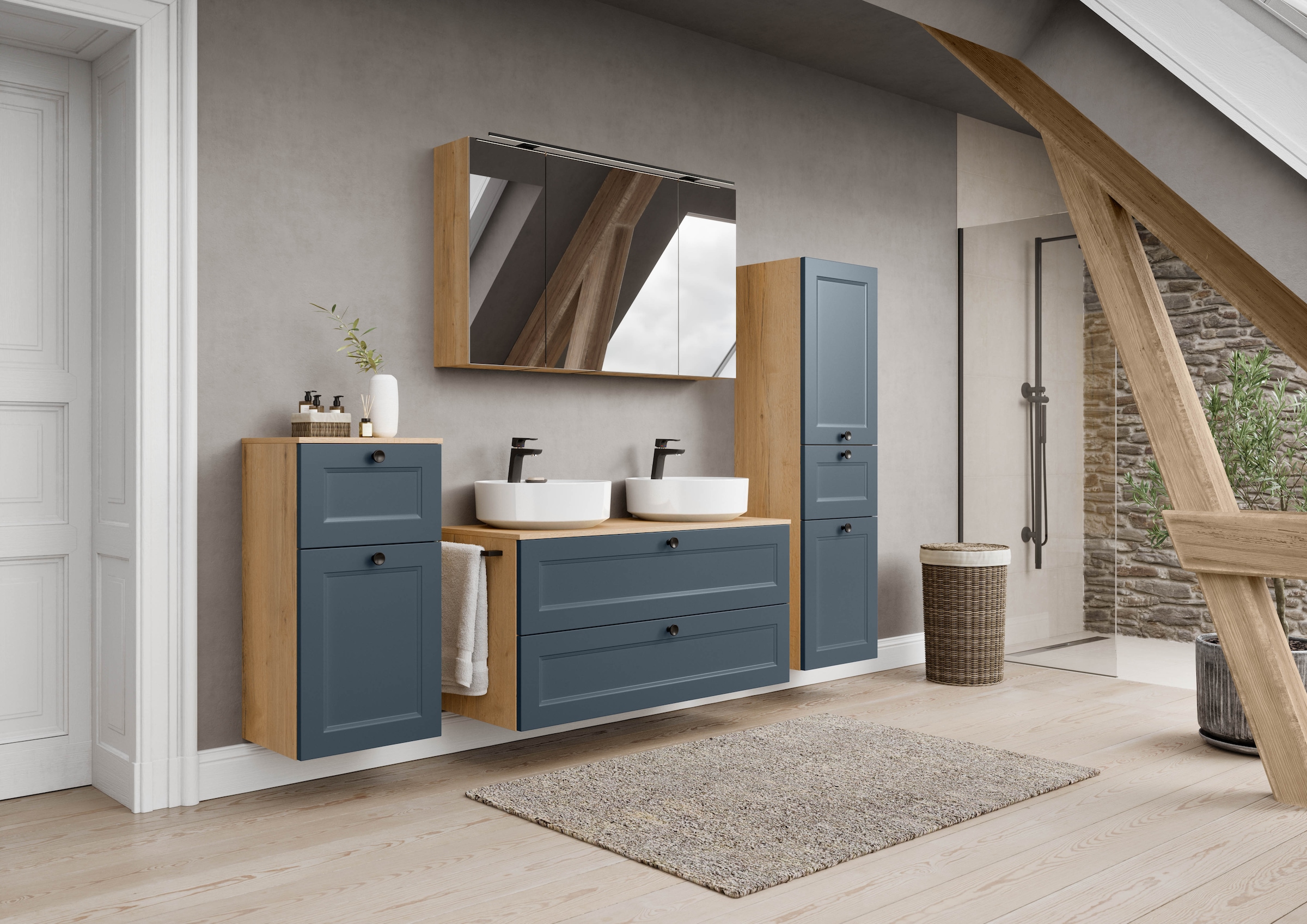 nobilia® Badmöbel-Set »Cascada« Set, inkl.  2 Aufsatzwaschbecken und Spiegelschrank mit Beleuchtung, 6 Stk. tlg.