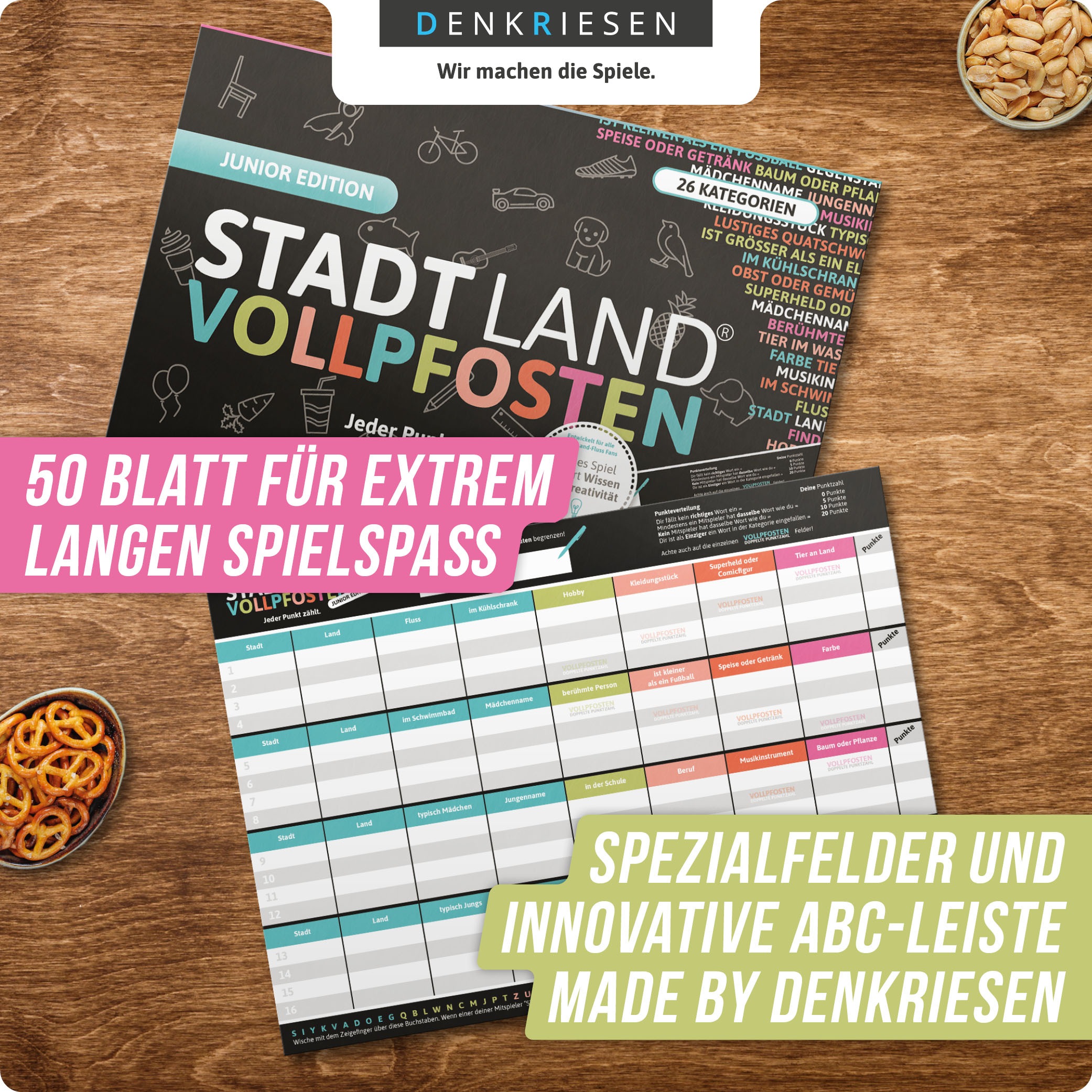 Denkriesen Spiel »Stadt Land Vollpfosten, Junior Edition A4 Block«, Made in Germany