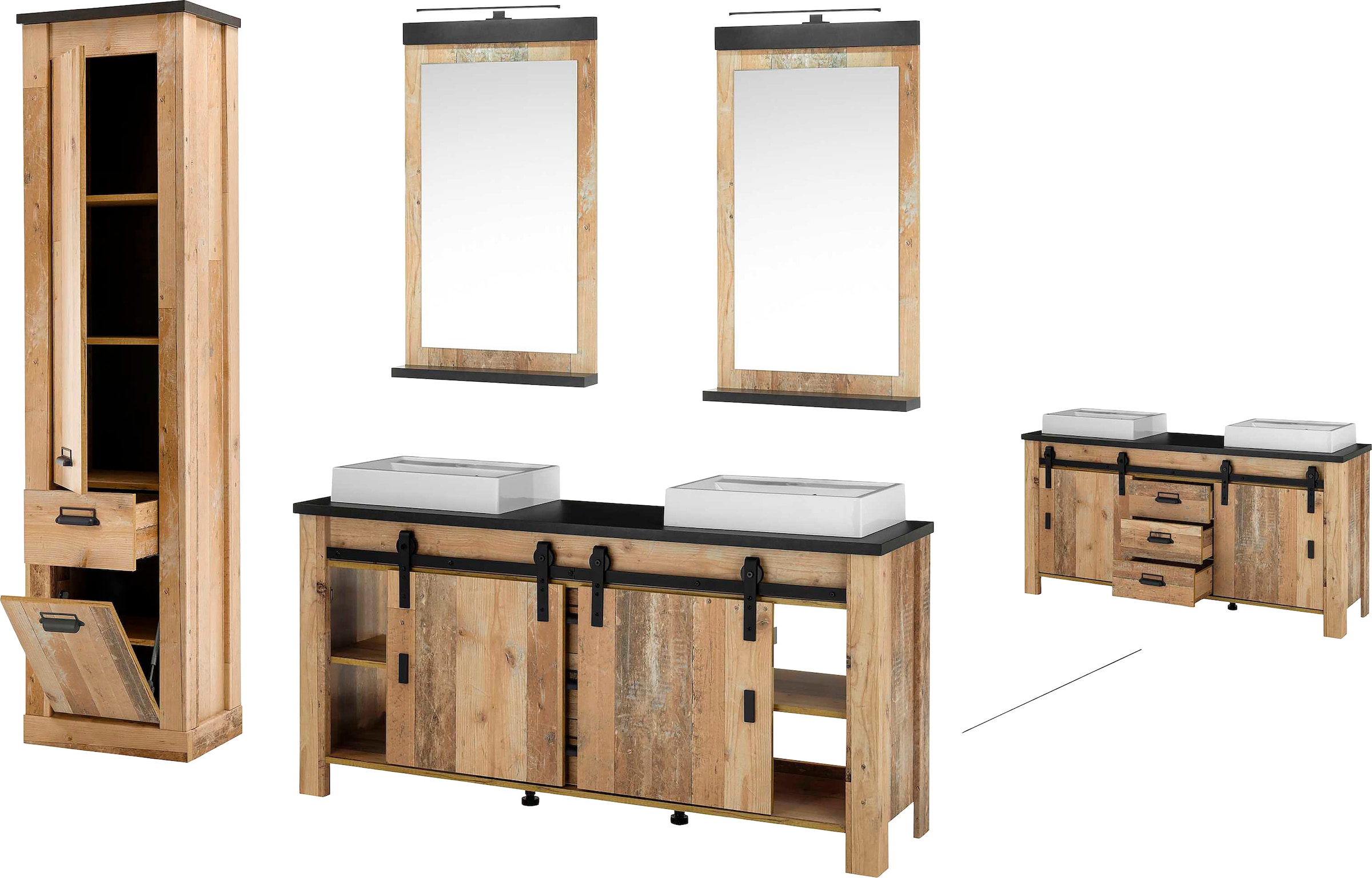 Home affaire Badmöbel-Set »SHERWOOD, Bad im modernen Design, 4-teiliges Badezimmer«, (4 St.), in 2 Farben verfügbar, Scheunentorbeschlag & Apothekergriff aus Metall