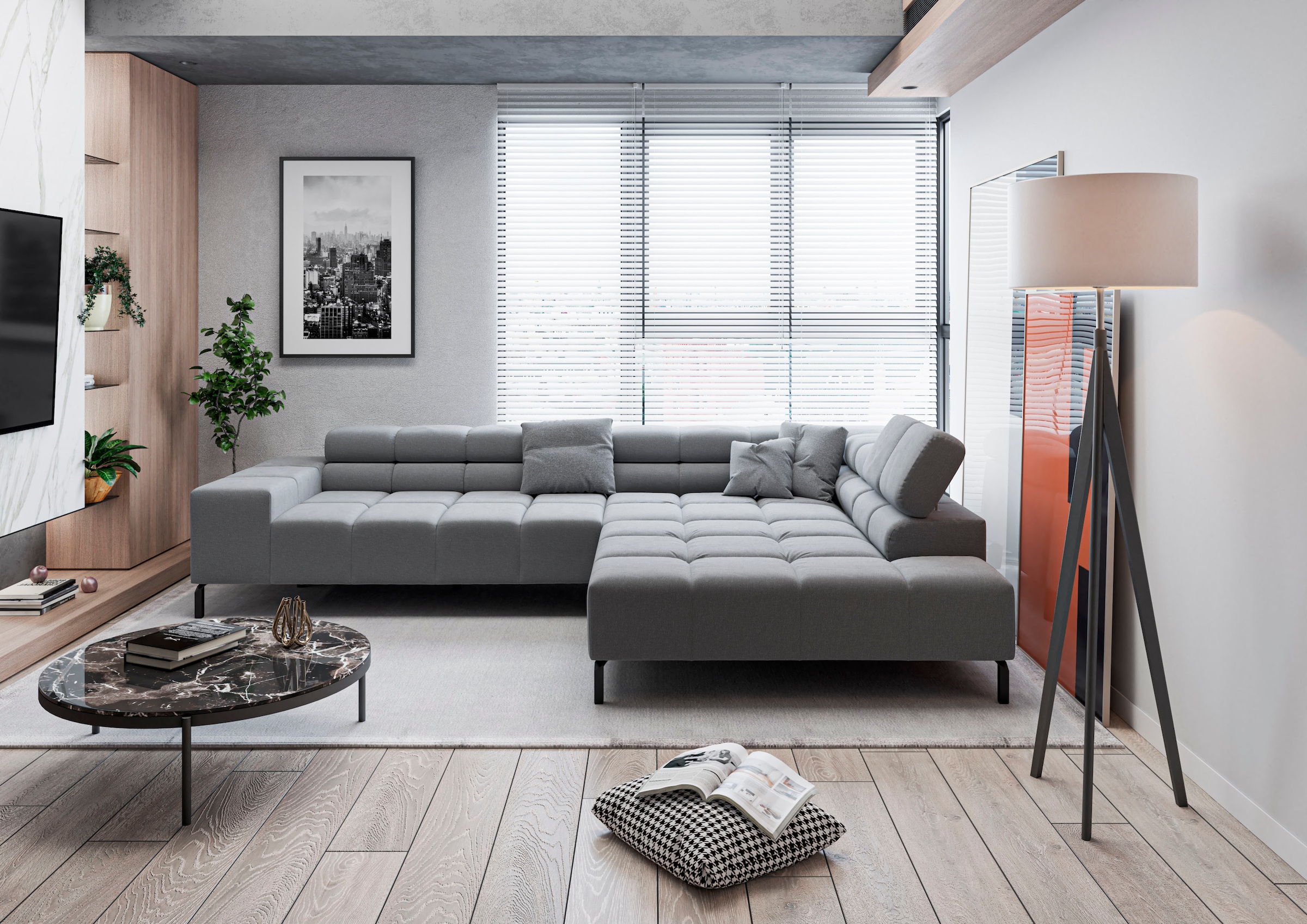 Home affaire Ecksofa "Ancona New, wahlweise motorische Sitztiefenverstellung, auch in Cord" feine Steppung, mit Kopfteilverstellung, 3 Zierkissen, L-Form