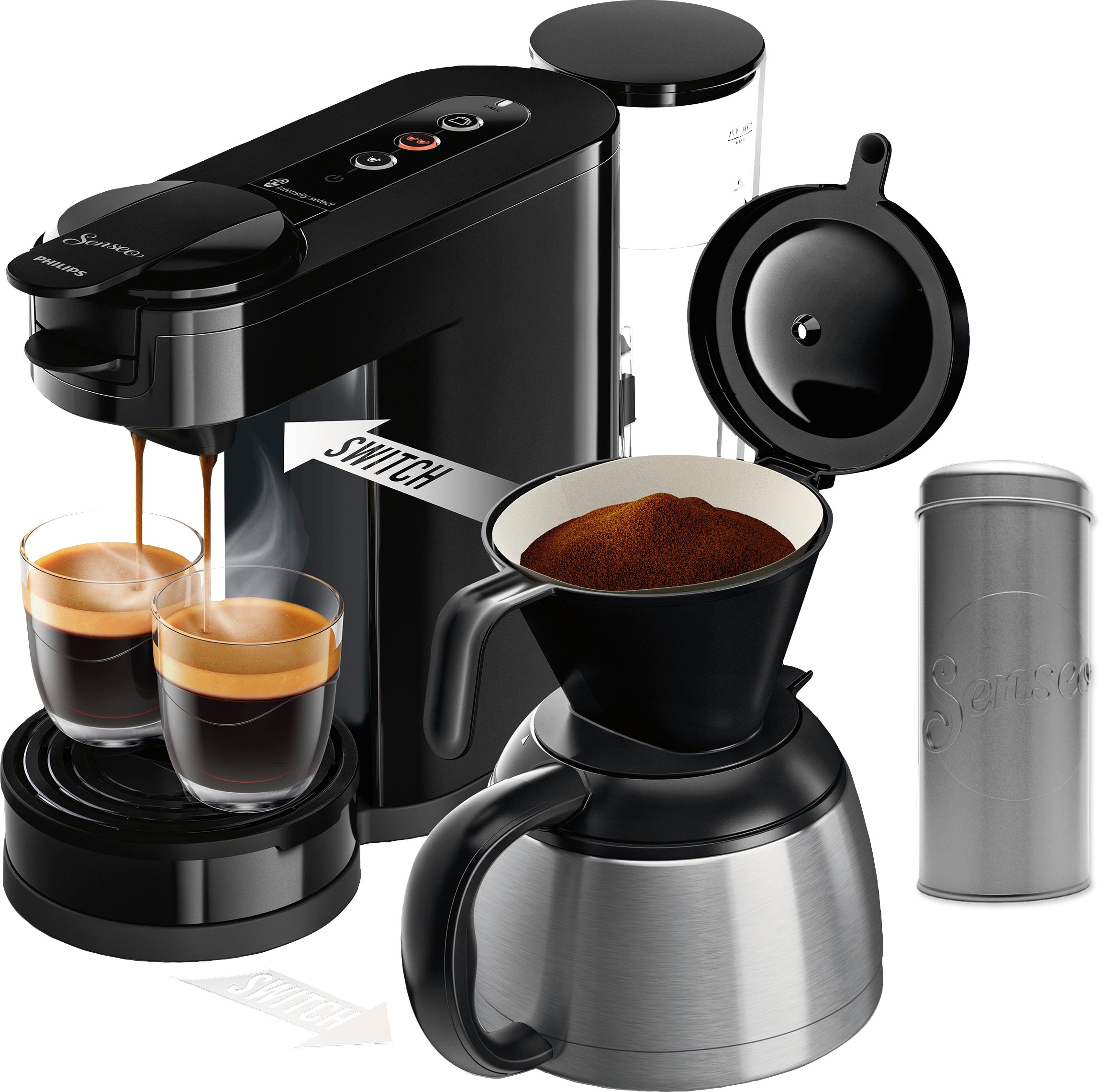 Philips Senseo Kaffeepadmaschine »Switch HD6592/64«, Raten | UVP € im l von BAUR auf Kaffeepaddose 1 inkl. Wert 9,90 Kaffeekanne