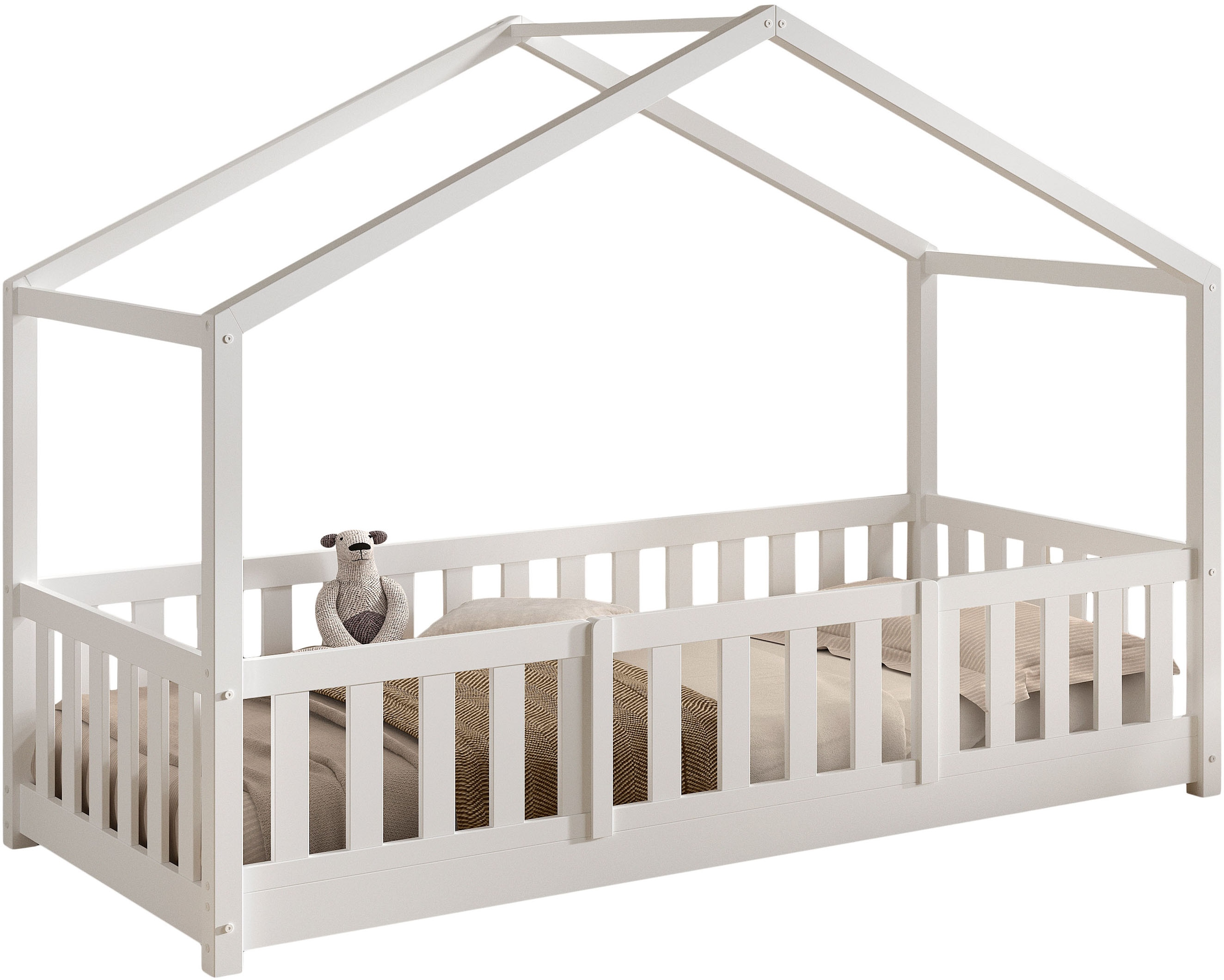 Vipack Hausbett "Dallas, Massivholzbett mit Dachaufbau umbaubar vom Boden- zum Daybett" mit Bettschublade, wahlweise Kiefer massiv natur oder weiß