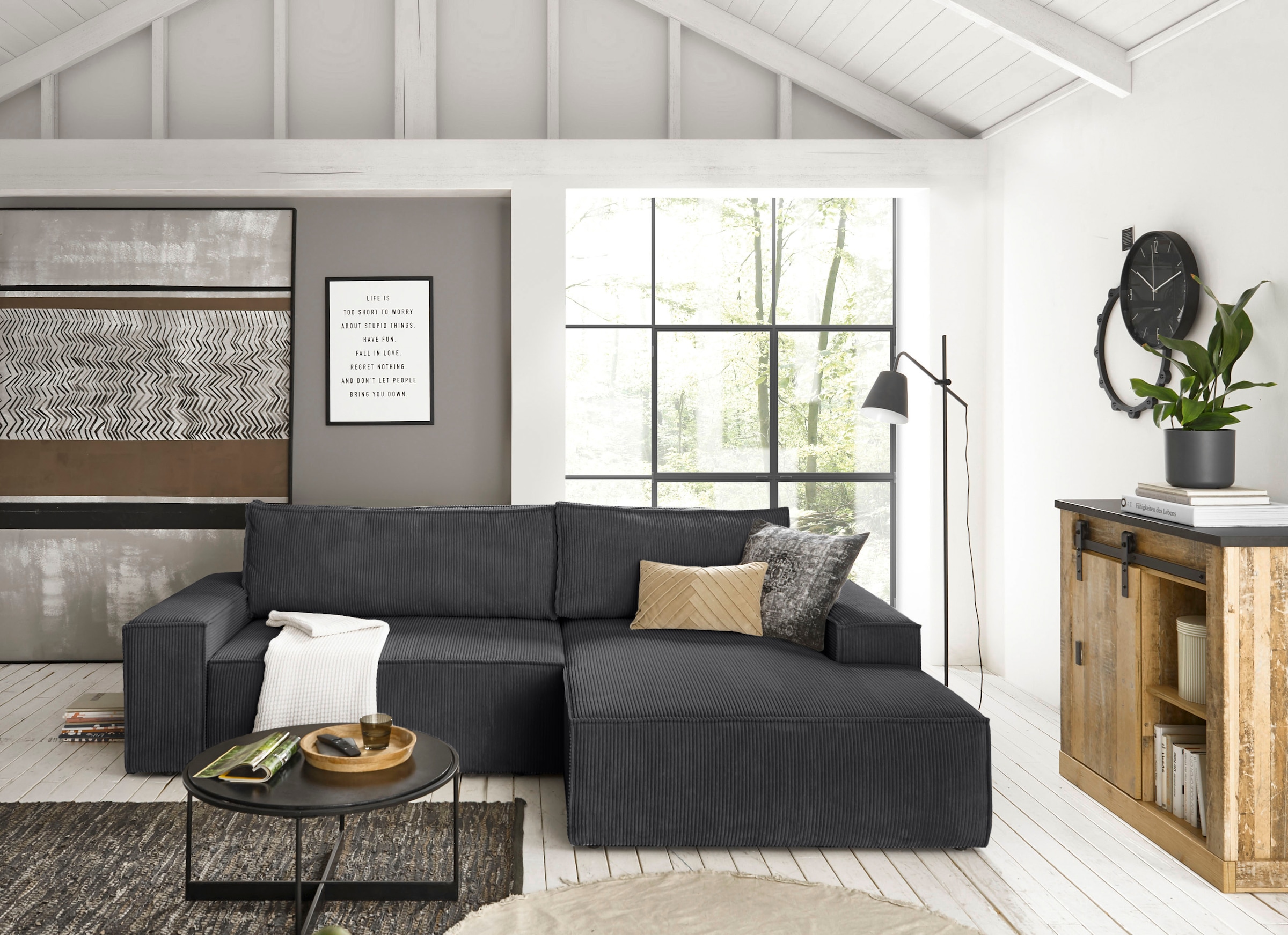 OTTO home Ecksofa »SHERWOOD L-Form, 267 cm - OTTO. Verlässliche Qualität.« Schlaffunktion mit Bettkasten (210x136 cm), Cord, Vintage, Samtvelours