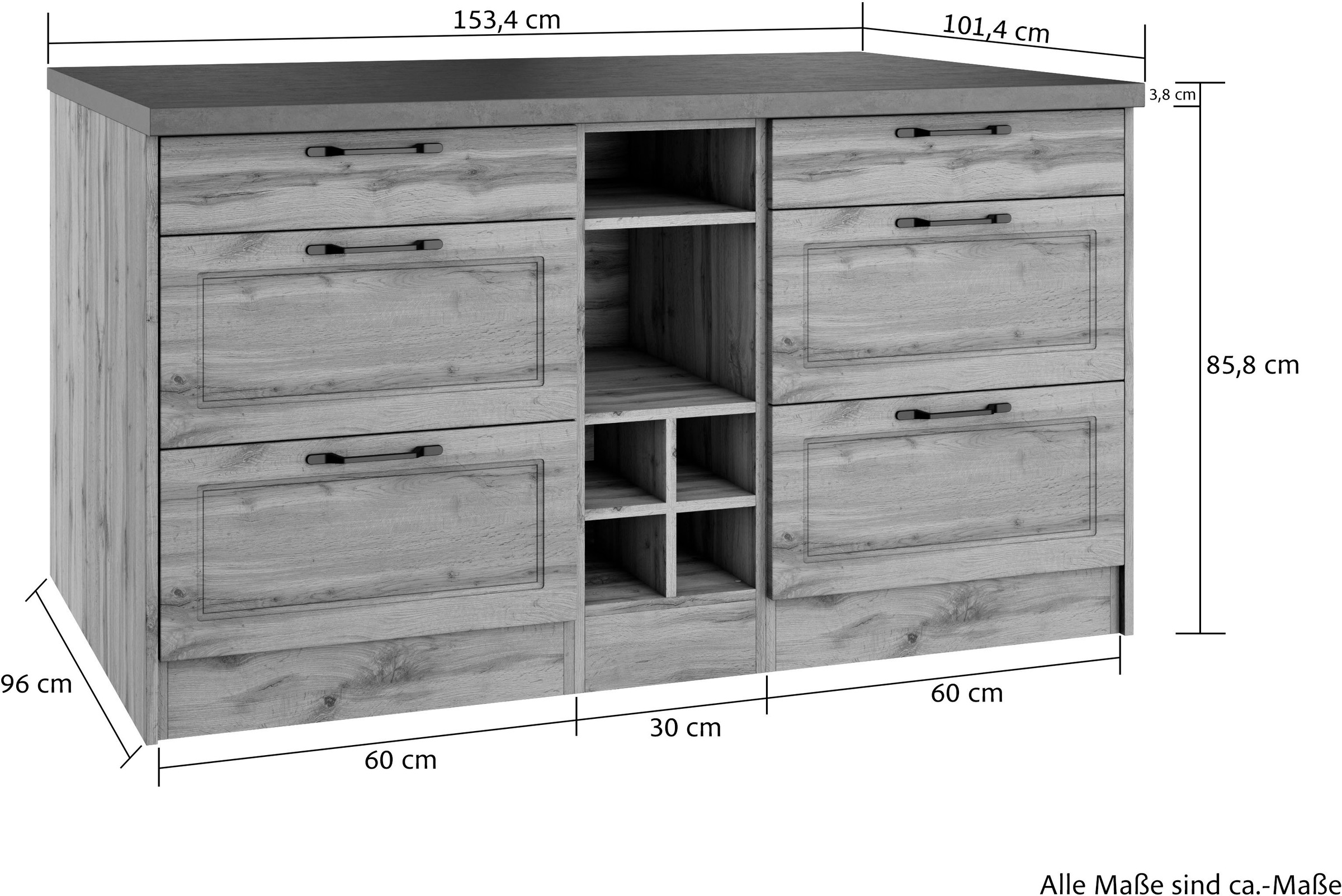 KOCHSTATION Kücheninsel »KS-Lani, Breite 153 cm, mit Flaschenregal«, MDF-Fronten, Arbeitsplatte 38mm stark