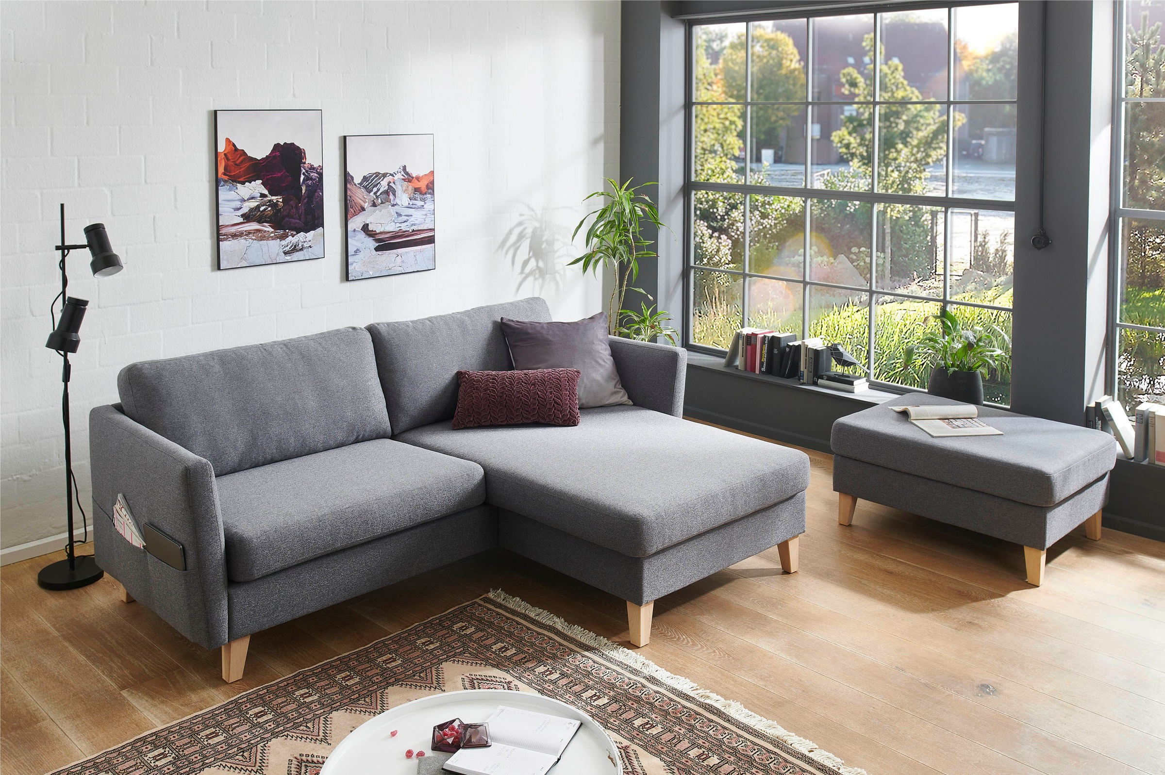 ATLANTIC home collection Ecksofa "Mailo L-Form, B:204cm, für kleine Räume" mit Seitentaschen, Recamiere beidseitig montierbar, Massivholzfüße