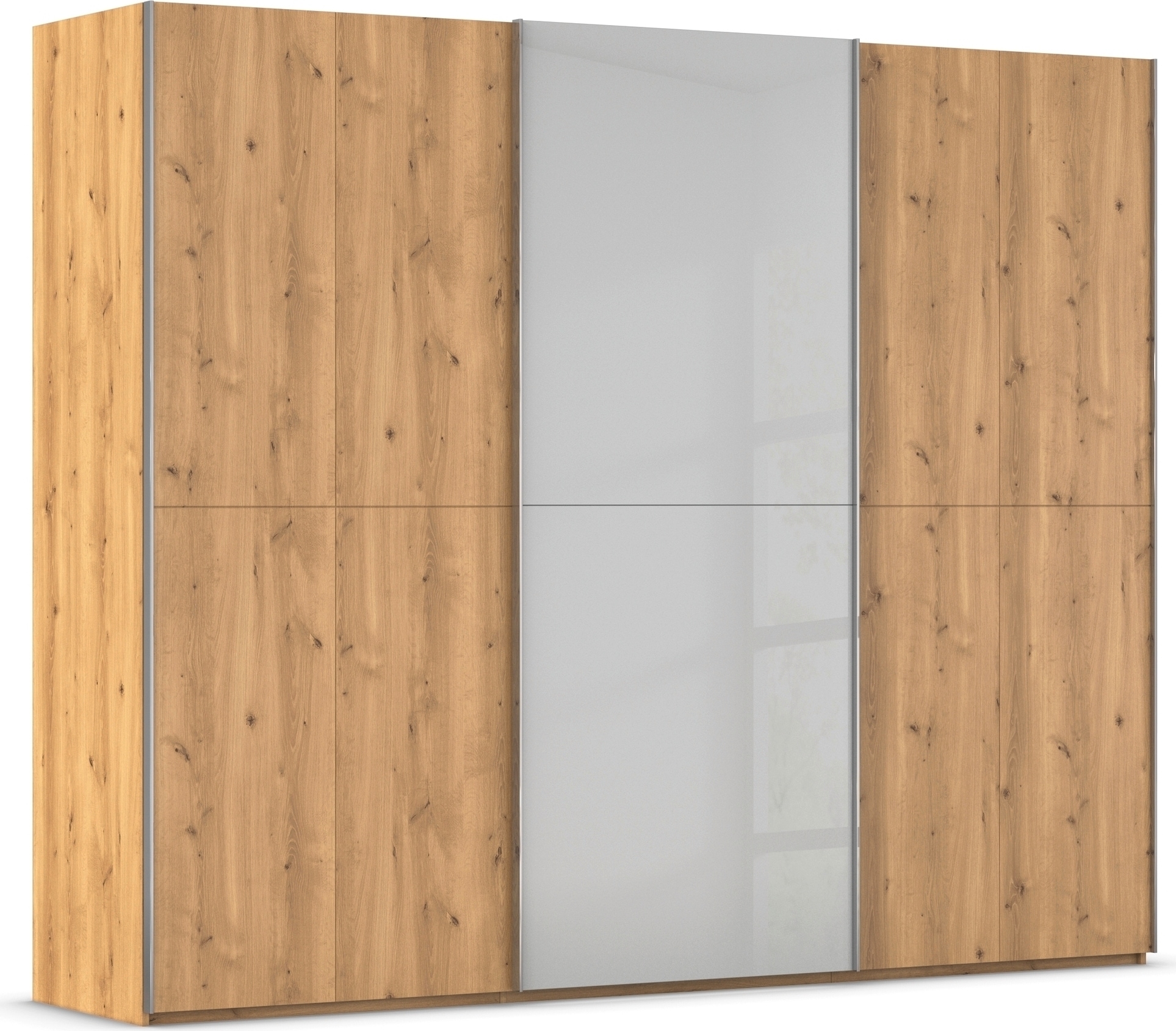 rauch Schwebetürenschrank "Kleiderschrank Schrank Garderobe Schlafzimmerschrank SCALE-WOOD" edle geteilte Front in massiver Asteiche mit Glastüren MADE IN GERMANY