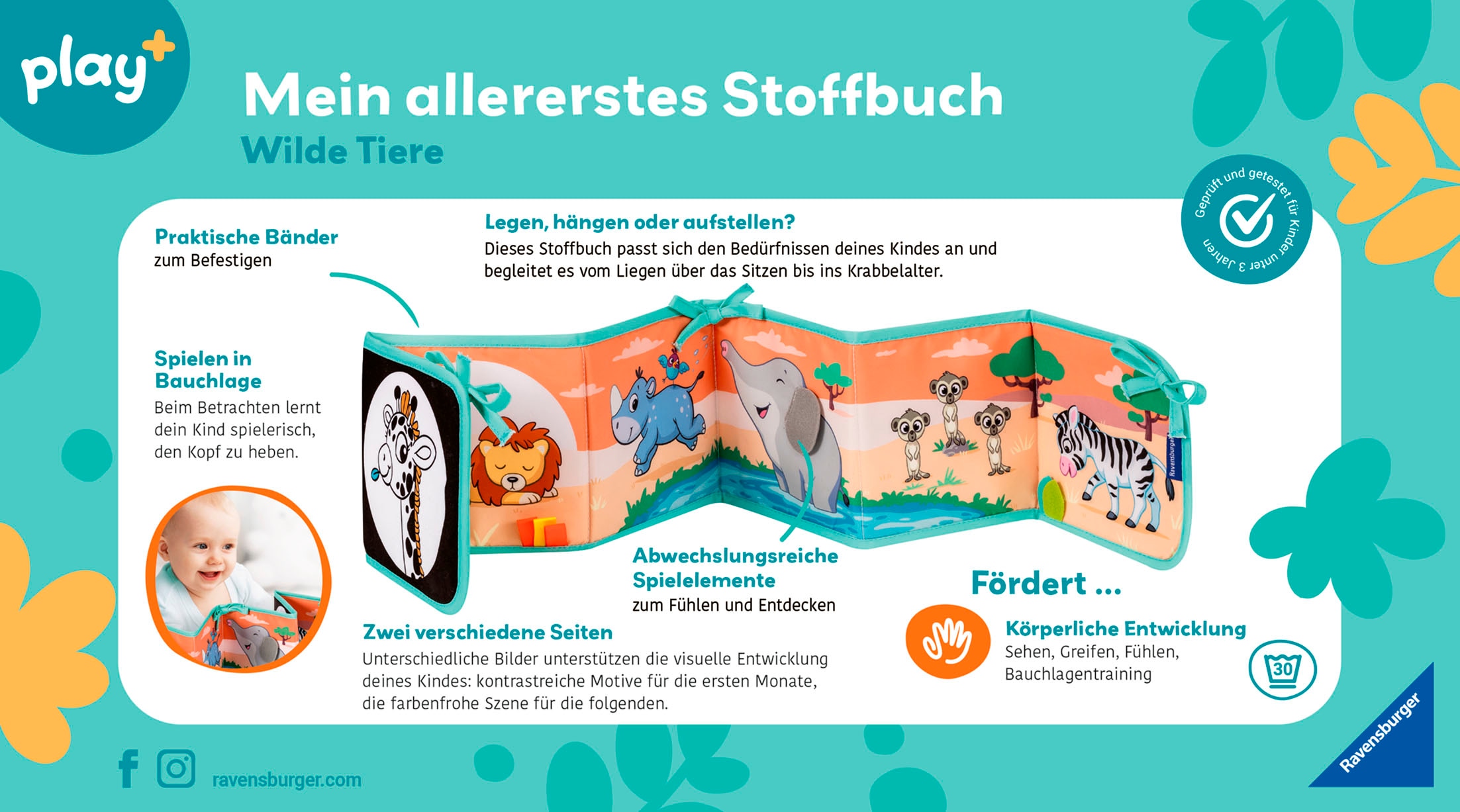 Ravensburger Greifspielzeug »Play+ Mein allererstes Stoffbuch (für die Bauchlage): Wilde Tiere«, (;Leporello); FSC® - schützt Wald - weltweit