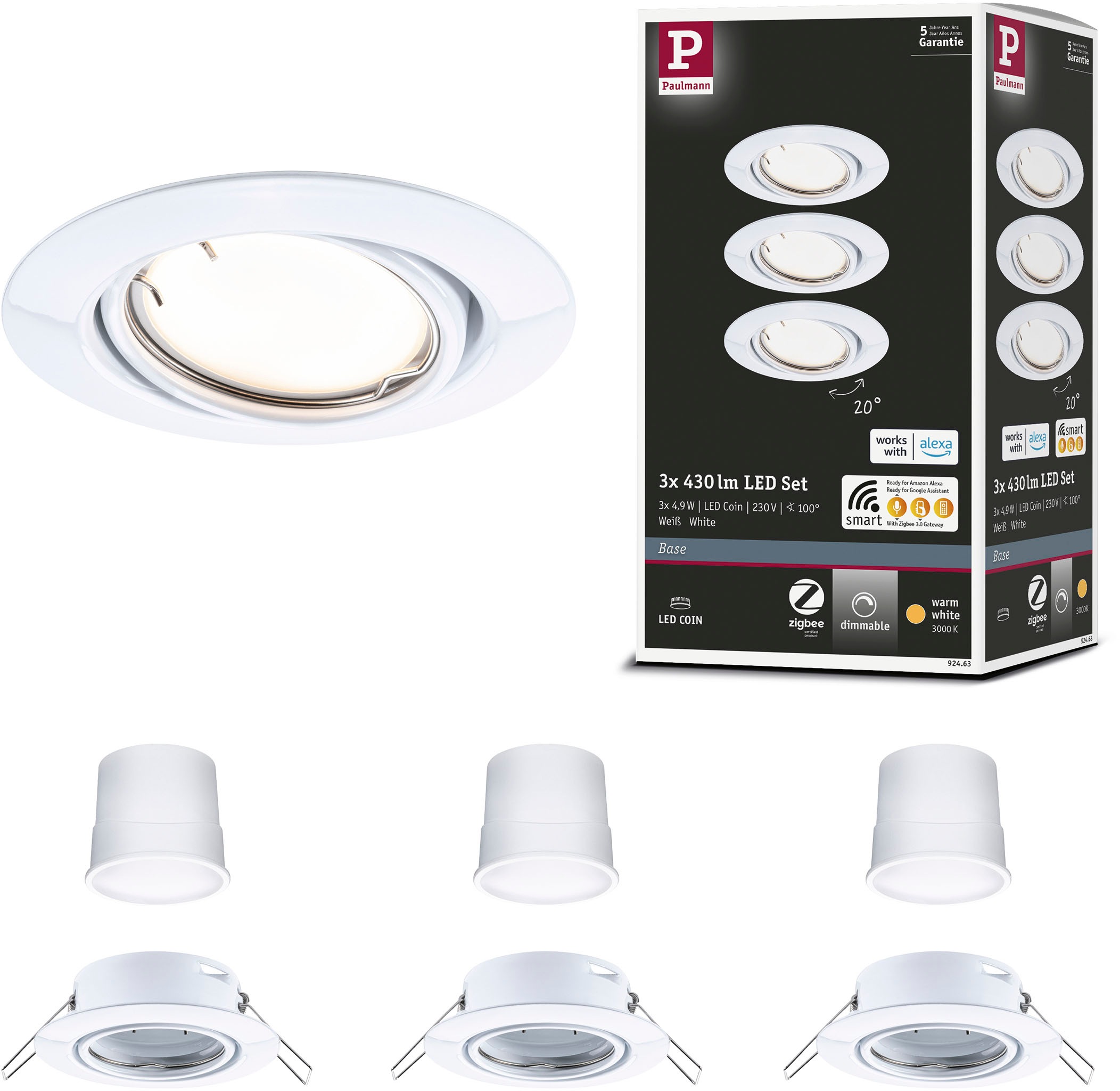 Paulmann LED Einbauleuchte »Base 3x430lm 230V« 1 Stk. Warmweiß Zigbee Basisset