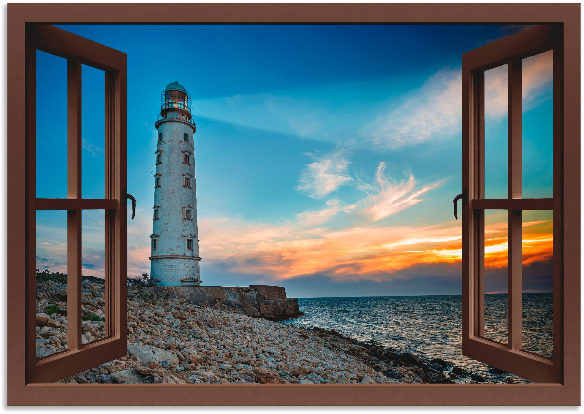 Artland Alu-Dibond-Druck "Fensterblick Leuchtturm", Fensterblick, (1 St.), für Innen- und Außenbereich geeignet, Outdoor