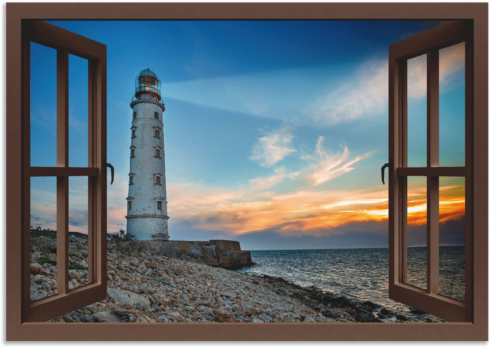 Artland Alu-Dibond-Druck "Fensterblick Leuchtturm" Fensterblick 1 Stk. tlg. für Innen- und Außenbereich geeignet, Outdoorbild