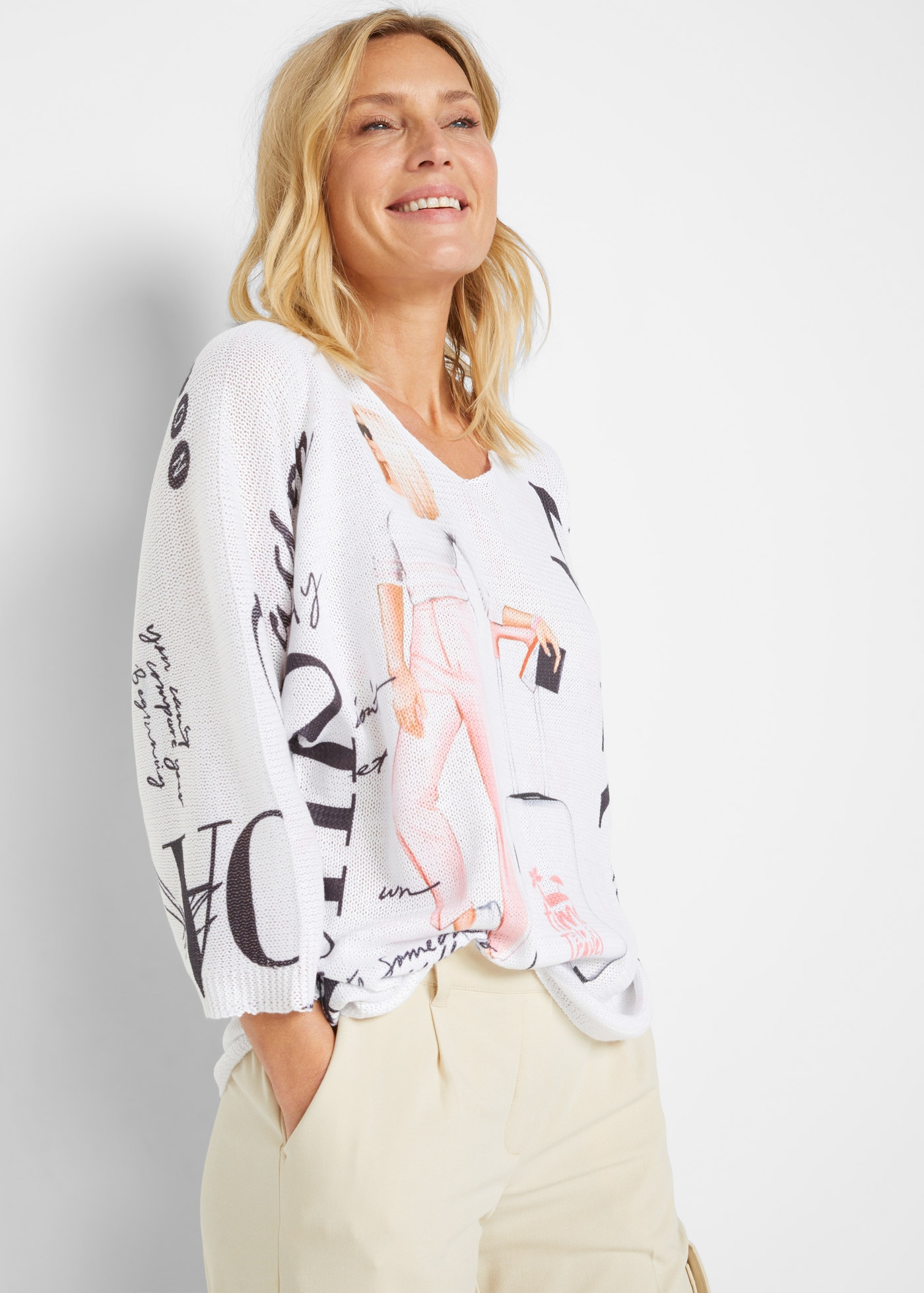 bonprix Strickpullover 3/4-Fledermausärmel, cooler Alloverprint, bequeme Pa günstig online kaufen