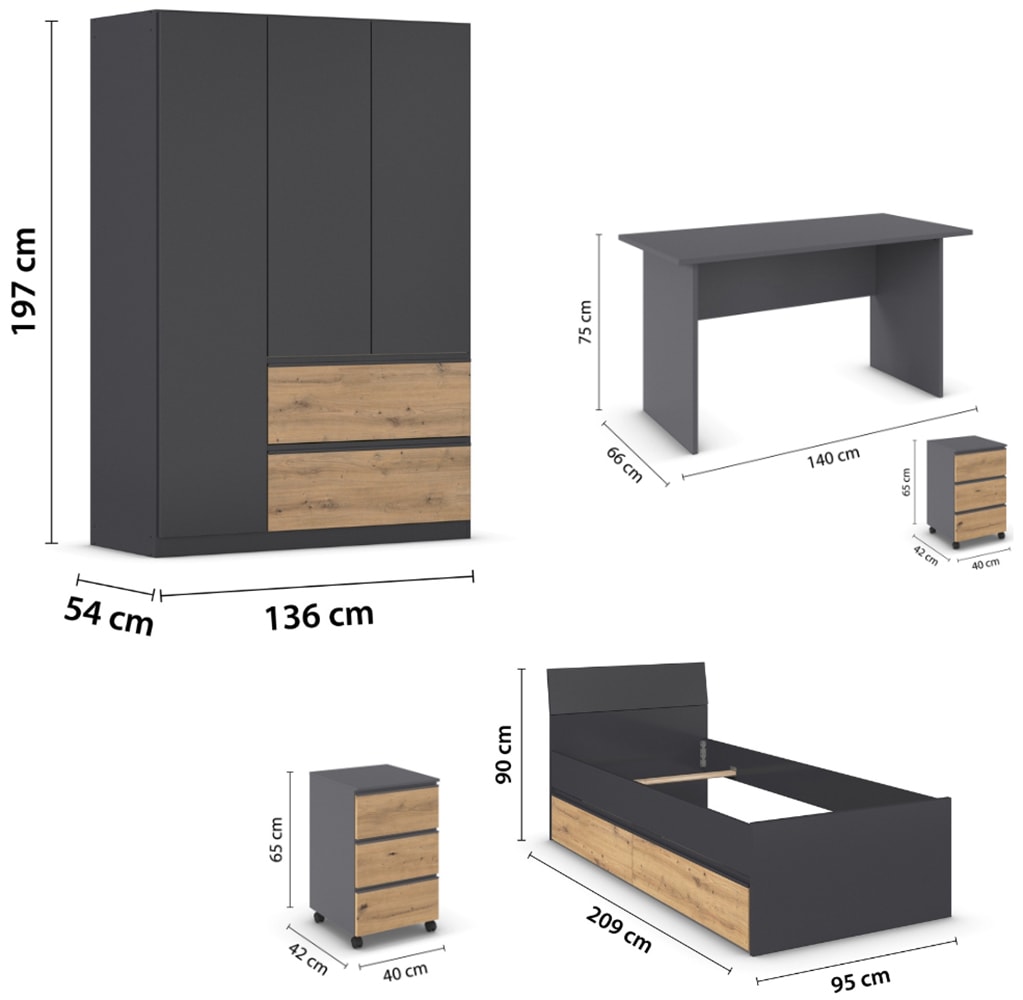 rauch Jugendzimmer-Set »Komplettzimmer Schlafzimmer-Set (5-St.) Jugendzimmer-Set JOEL« Set, Bett 90x200 oder 140x200 cm, Ausstattungspakete BASIC/CLASSIC/PREMIUM, 5 Stk. tlg.