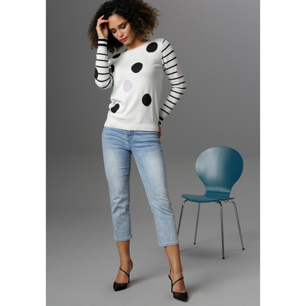 Damenmode Pullover Aniston SELECTED Strickpullover, mit Streifen und Punkten offwhite-schwarz-flieder