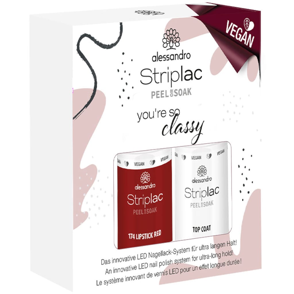 alessandro international UV-Nagellack »STRIPLAC PEEL OR SOAK Set - Classy - VEGAN«, (Set, 2 tlg., 1 x Lipstick Red 5ml
1 x Top Coat 5ml)