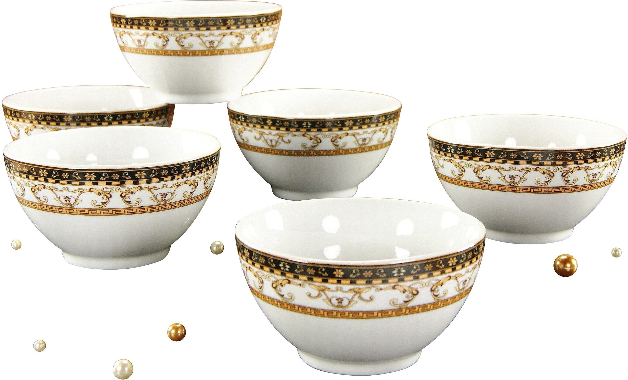 CreaTable Müslischale "Majestosa" 6 Stk. aus Porzellan Salatschale, Snackschale, weiß, Dekor schwarz abgesetzt, Ø 12 cm