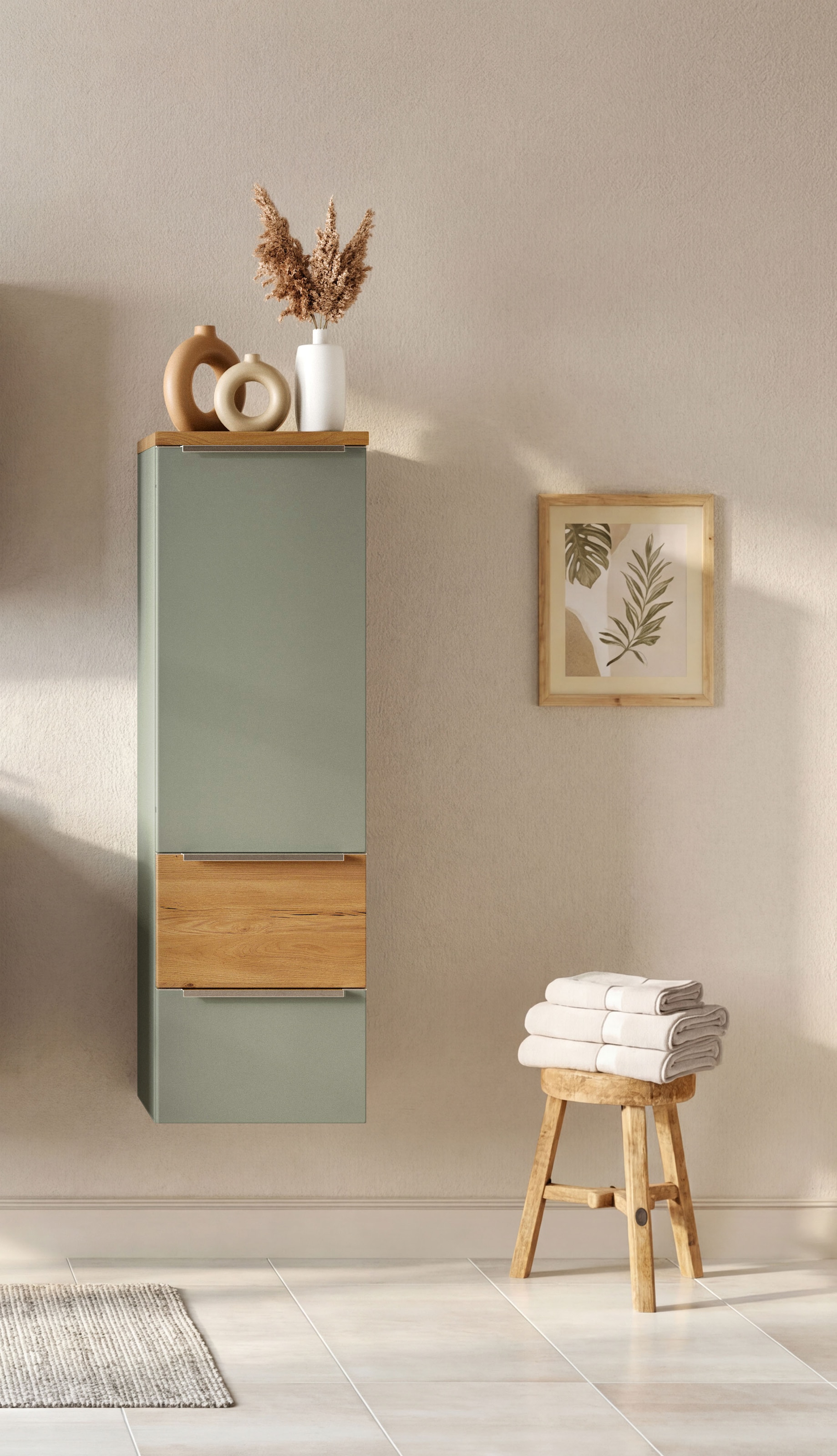 welltime Midischrank »TRIENT, Midischrank 40 cm, Softclose-Auszüge und gedämpfte Scharniere« Maße (B/H/T): ca. 40/130/35 cm,  Schilfgrün/Wildeiche, Softclose-Metallauszüge