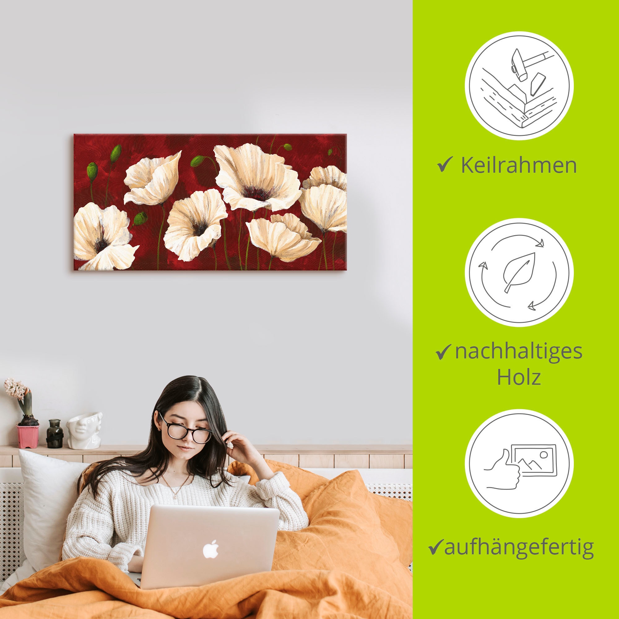 Artland Wandbild »Weiße Mohnblumen vor rot«, Blumen, (1 St.), als Alubild, Outdoorbild, Leinwandbild, Poster, Wandaufkleber