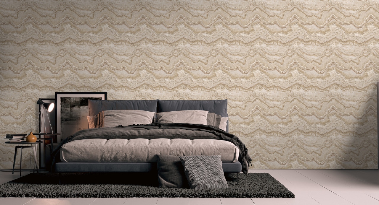 living walls Vliestapete »Stories of Life Malachit Marmoroptik Vliestapete Beige Gold«, glänzend, Metallic Tapete Steinoptik für Küchen