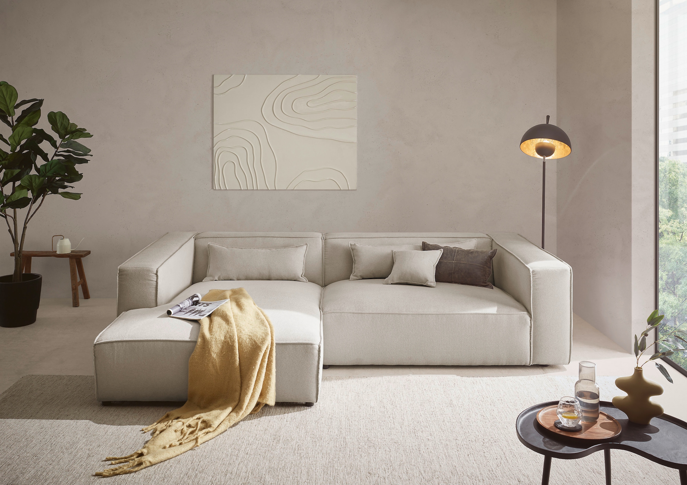LeGer Home by Lena Gercke Ecksofa »PIARA XXL, Big-Sofa in Cord oder Leinenoptik, L-Form, mit Kedernaht«, wahlweise Ottomane rechts/links, schwarze Füße, extra tiefe Sitzfläche
