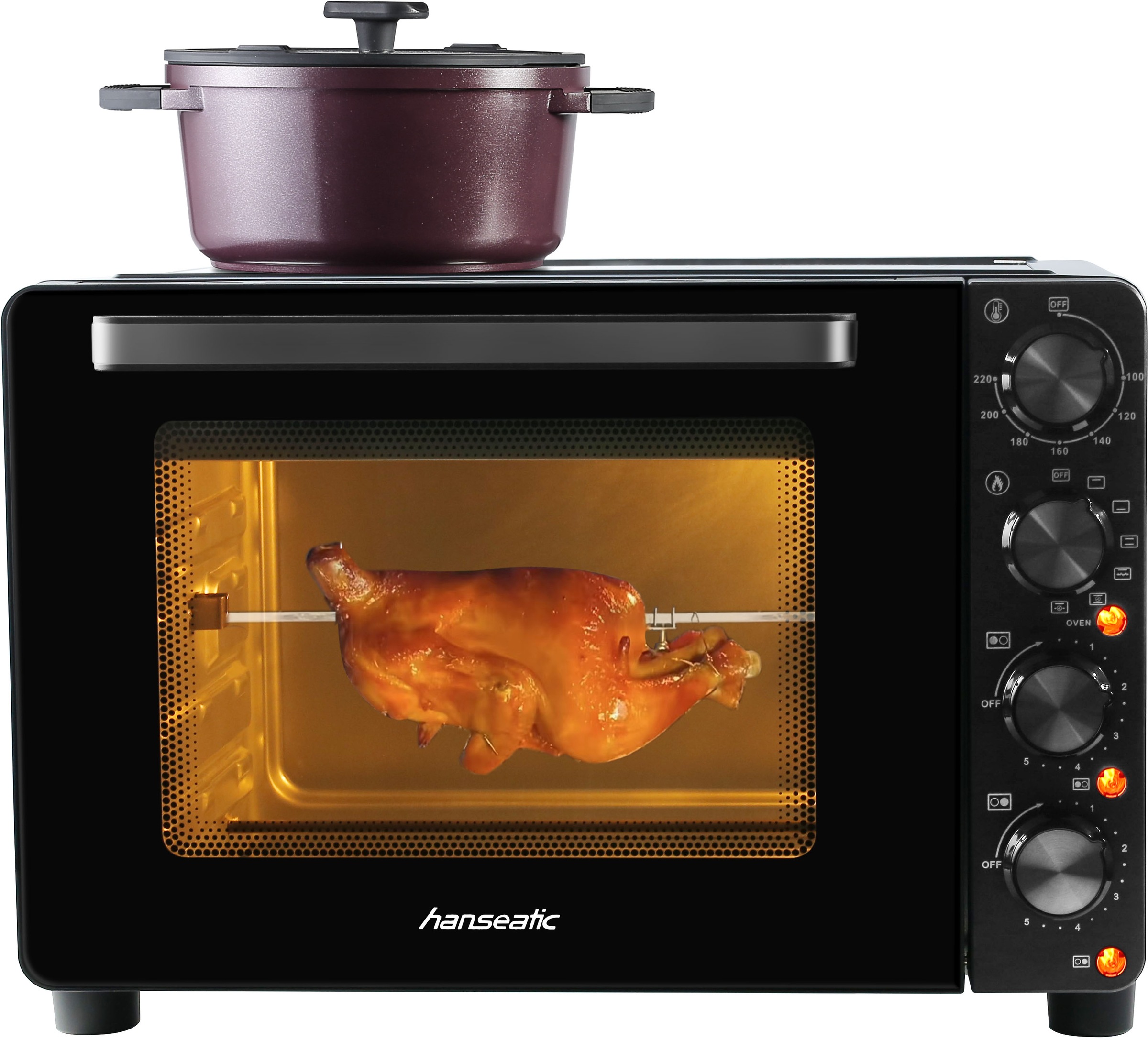 HANSEATIC Multiofen "HMO287BKB mit 2 Glaskeramik-Kochfeldern", schwarz, B:48cm H:33cm T:40cm, Minibacköfen, Ober/Unterhitze/Umluft; 28L Garraum, Grillspieß 3