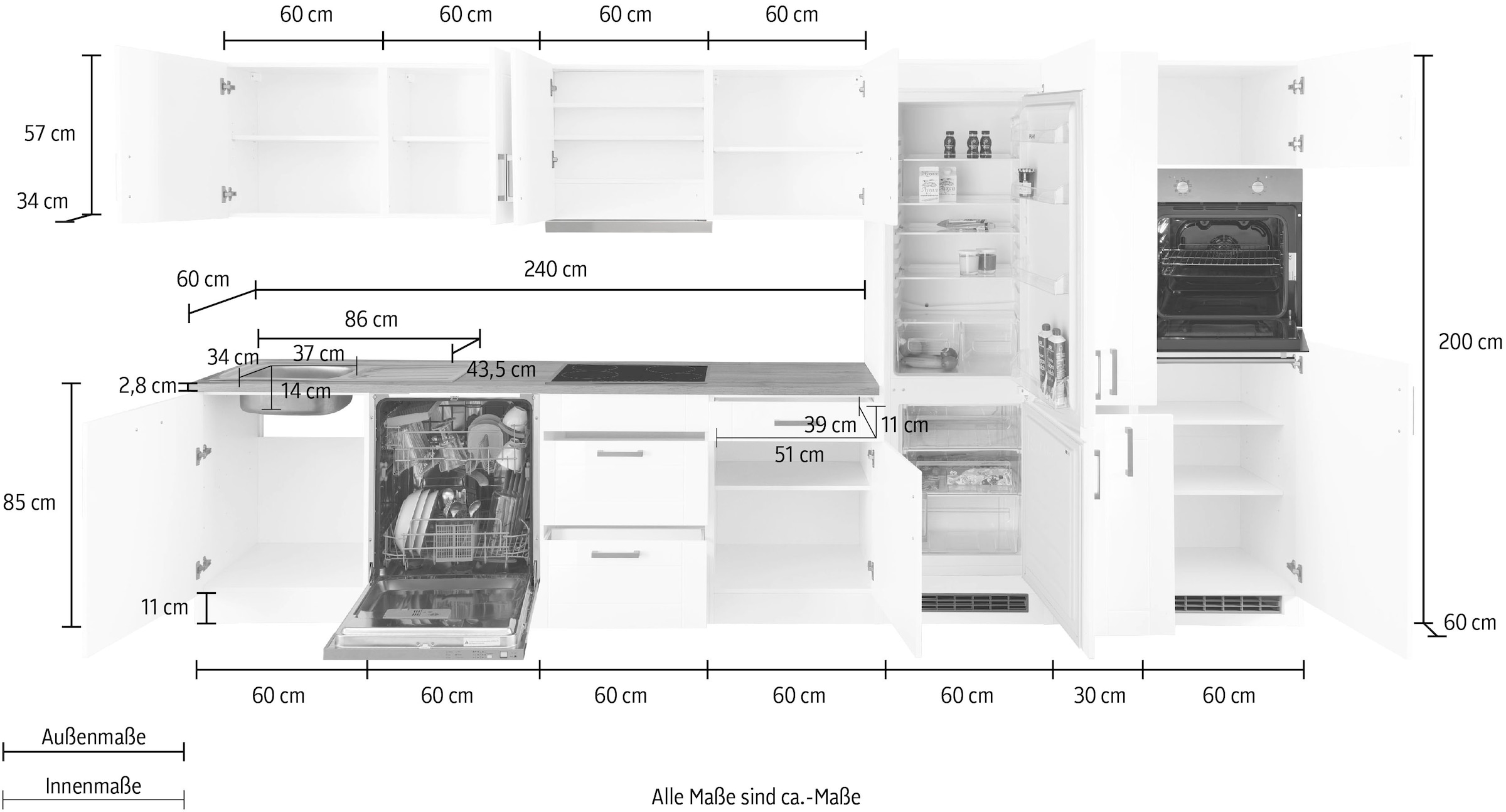 KOCHSTATION Küchenzeile »KS-Tinnum«, mit E-Geräten, Breite 390 cm