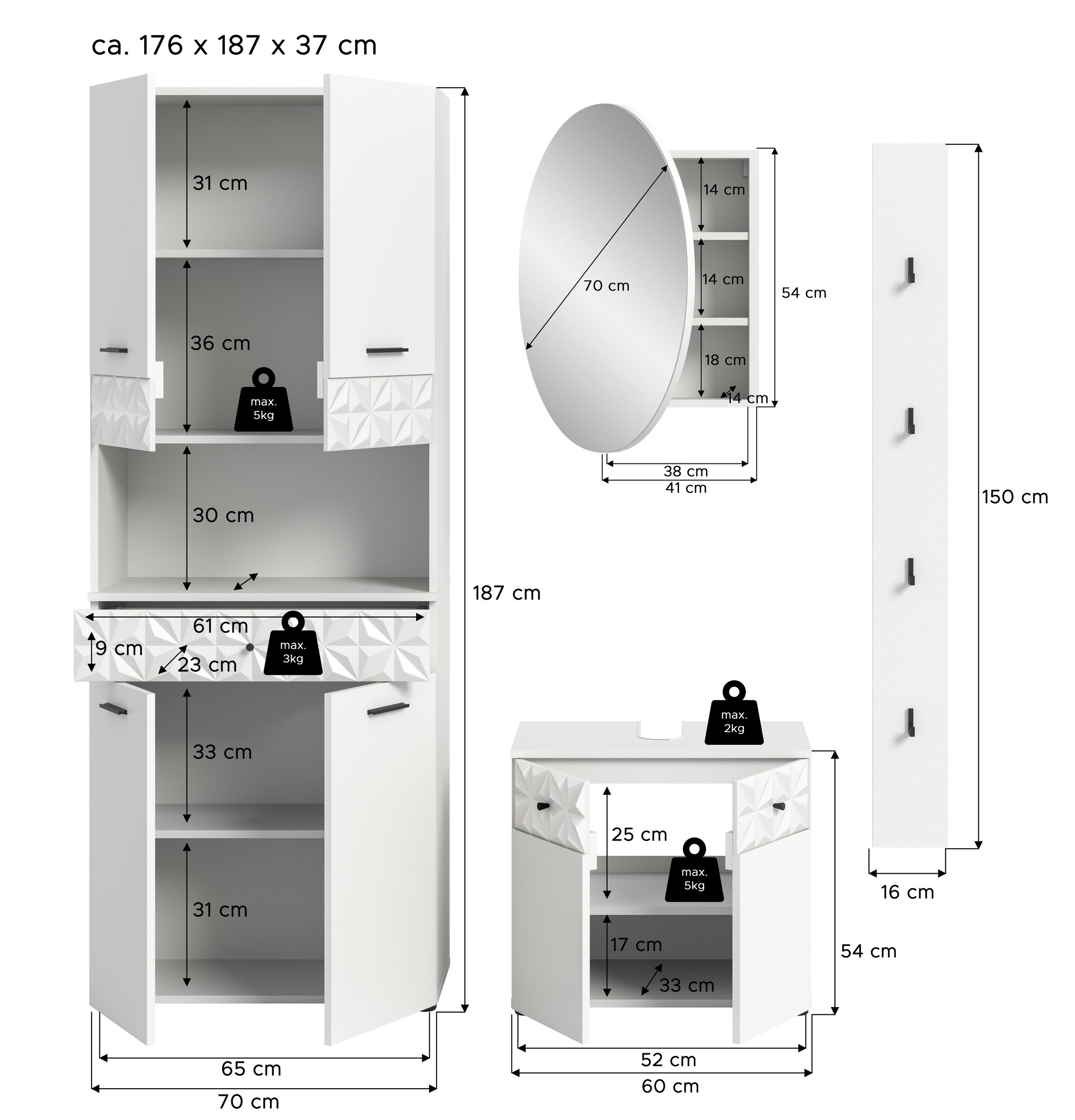 INOSIGN Badezimmer-Set »VICENZA, TOPSELLER!, Breite 176cm, 4-teilig, mit Ornamentabsetzung«, (Hochschrank, Waschbeckenunterschrank, Spiegelschrank und Hakenleiste), Hochschrank, Waschbeckenunterschrank, Spiegelschrank und Hakenleiste