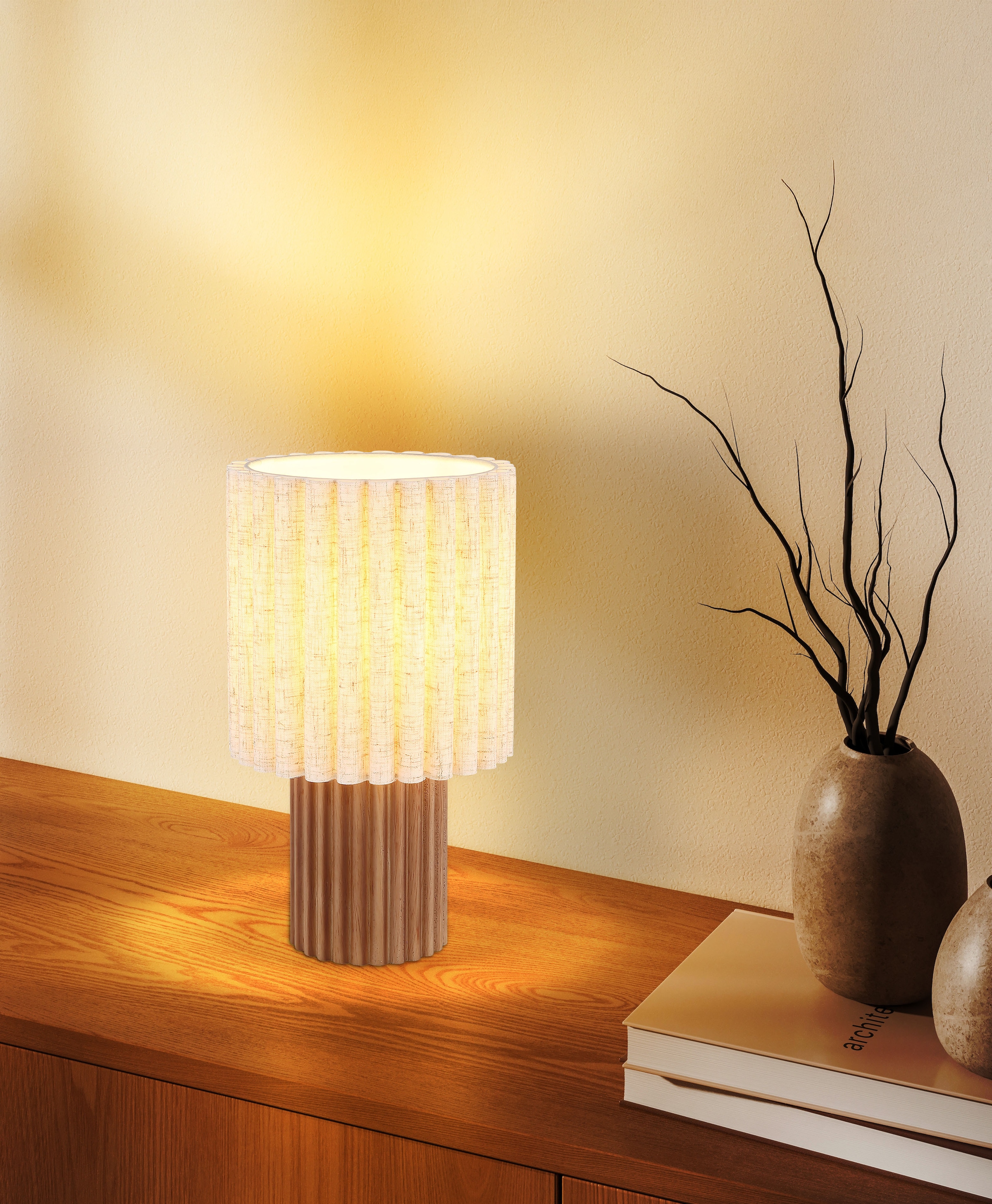 GLOBO LIGHTING Tischleuchte »JANNIE« E27 1 Stk. Holz-Tischleuchte, Leinen-Schirm, Wippschalter, E27, Ø180mm