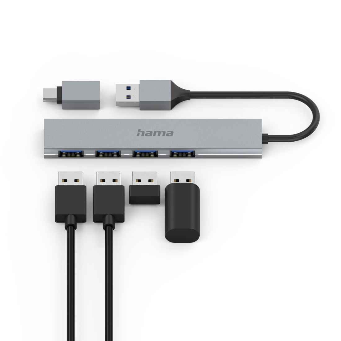 Hama USB-Adapter »USB Hub mit Adapter, 4 Ports mit USB C und USB A Stecker, Slim, grau« USB Typ A | USB Typ C zu USB Typ A 15 cm