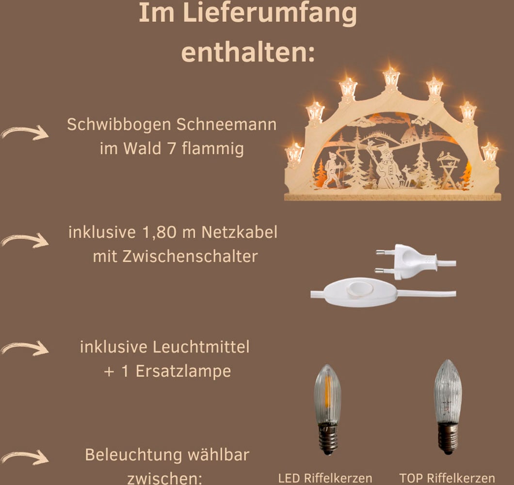 Weigla Schwibbogen »Schneemann im Wald, Lichterbogen aus Holz, NATUR«, Erzgebirge garantiert, Weihnachtsdeko Innen, Weihnachtsbeleuchtung