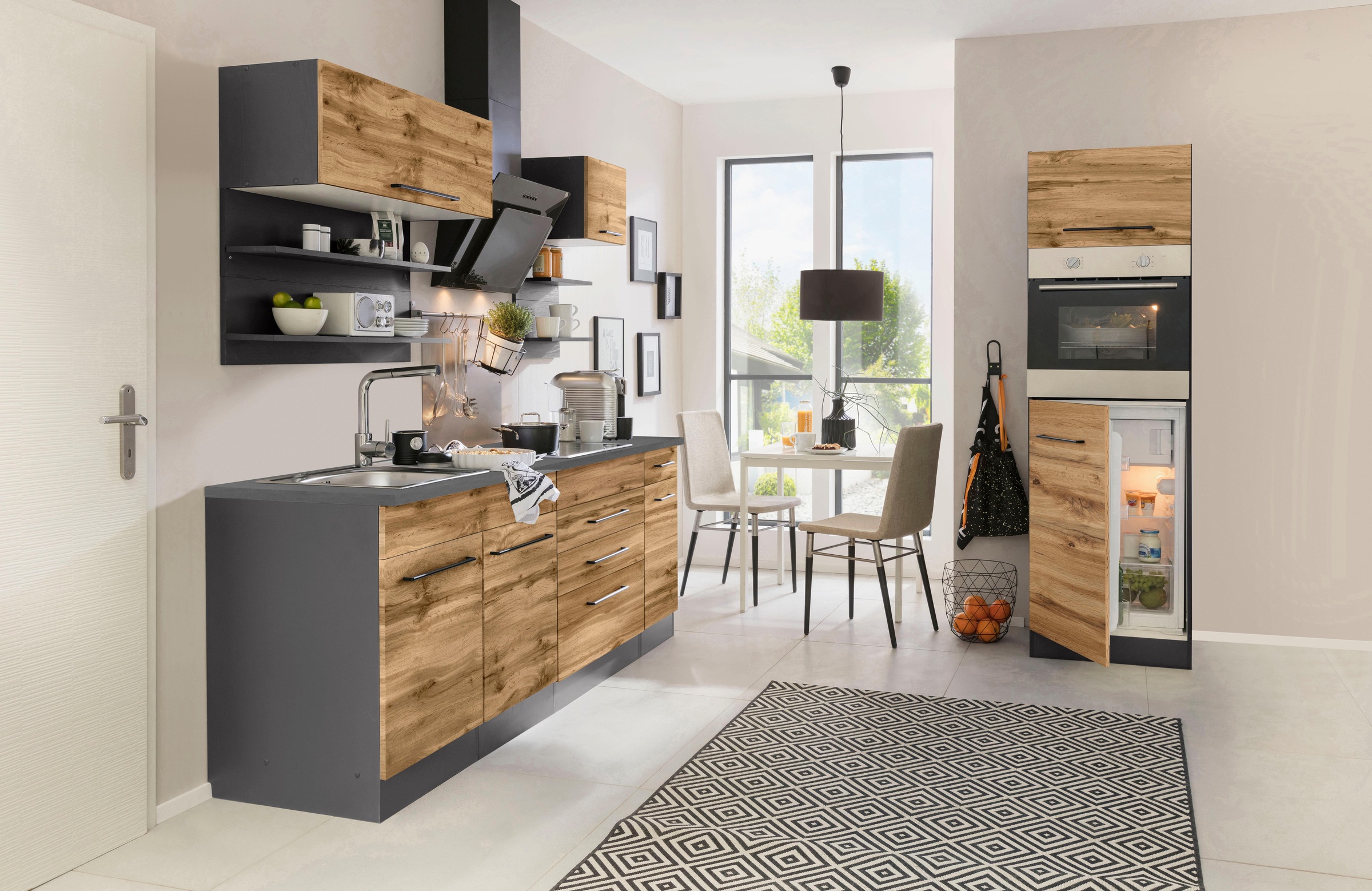 KOCHSTATION Küchenzeile »KS-Tulsa«, mit E-Geräten, Breite 290 cm, schwarze Metallgriffe, MDF Fronten