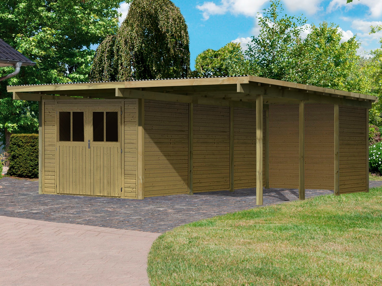 Karibu Doppelcarport "Eco 2", Holz, 250 cm, braun, mit Geräteraum