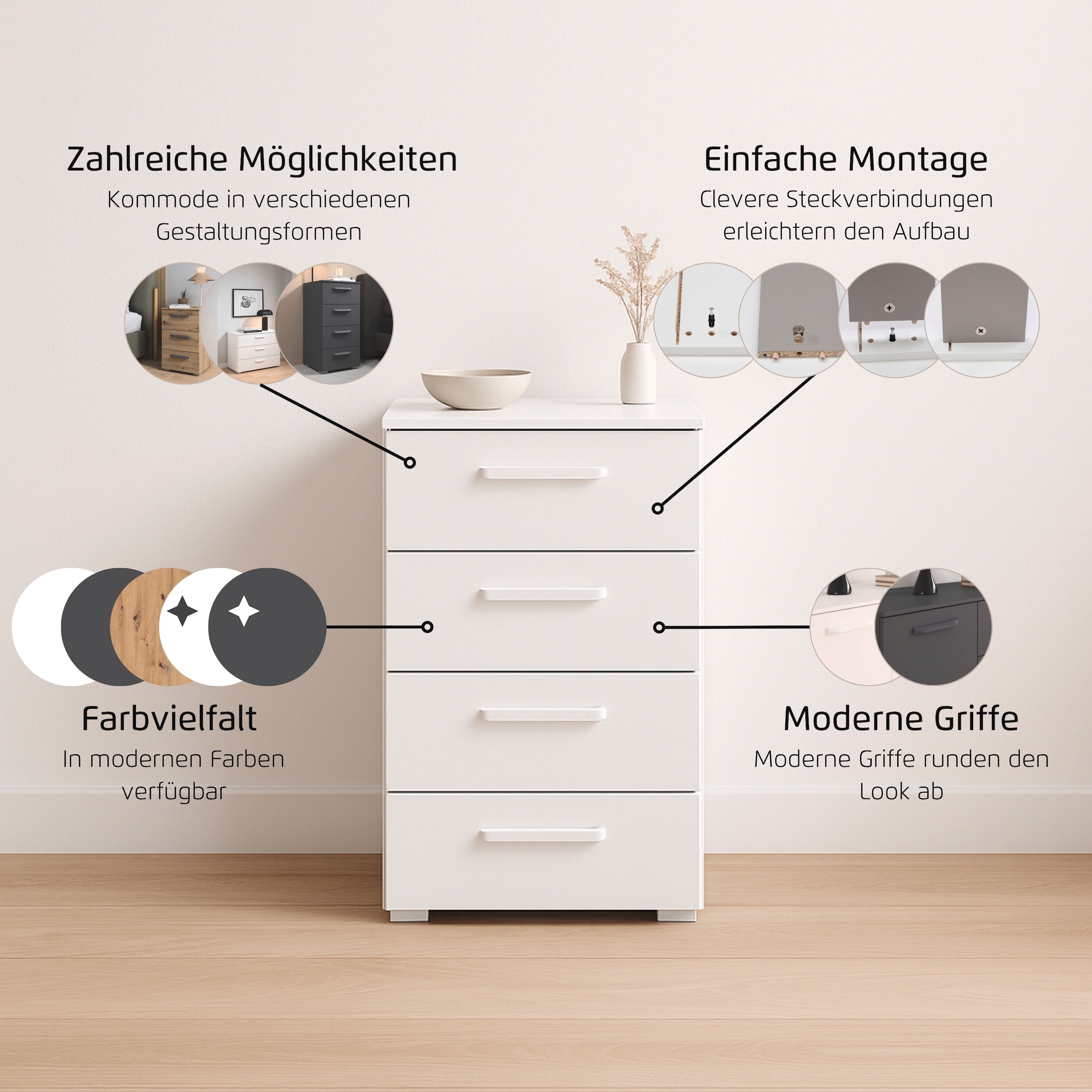 rauch Schubkastenkommode »Sideboard Schubladenkommode OTELI mit Dekor- und Hochglanzfront« Breite 40 cm inkl. Soft-Close-Funktion,  mit 4 geräumigen Schubladen für viel Stauraum MADE IN GERMANY