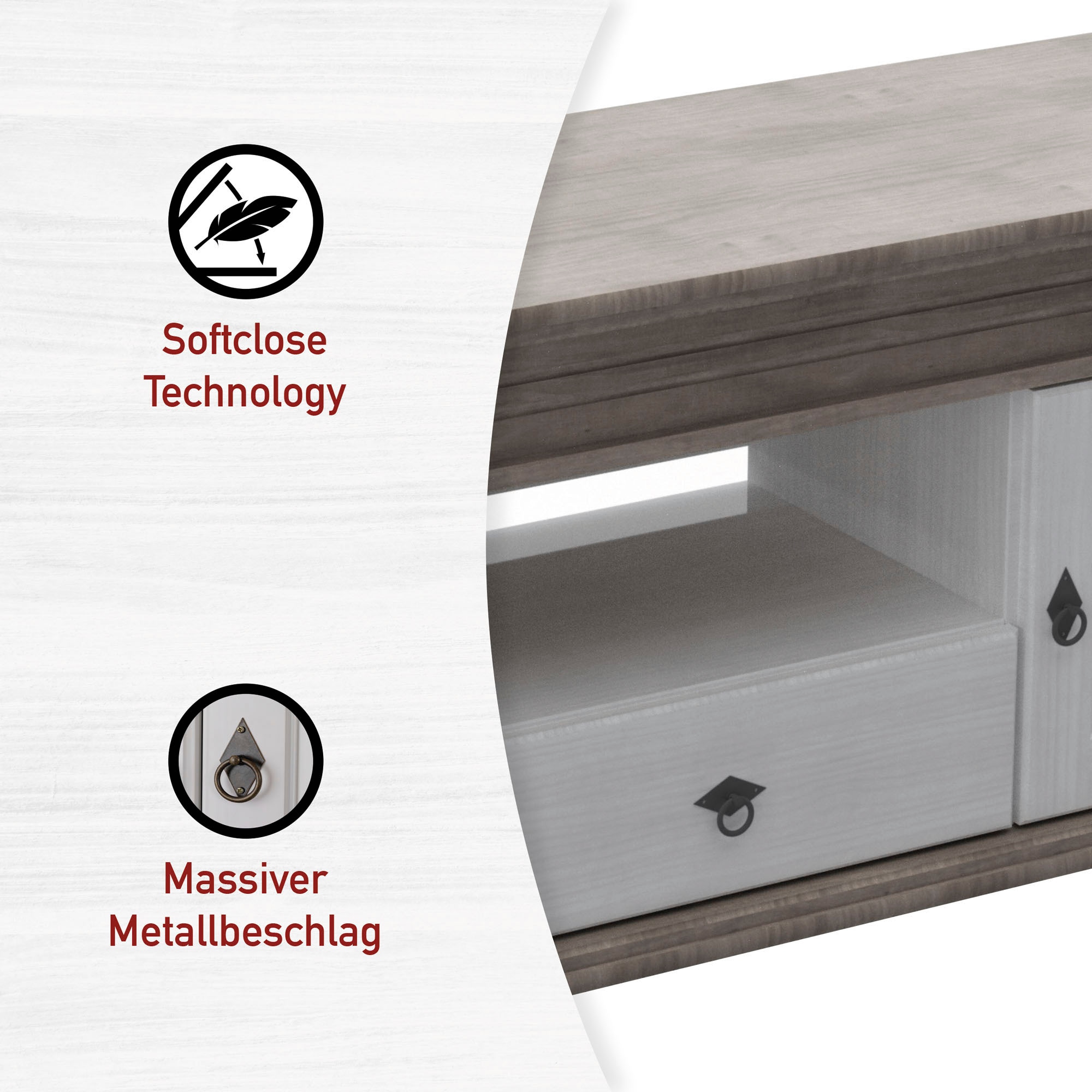 Inter Link TV-Board »Halmaro, Kiefer Massivholz, Soft-close, 159 x 46 x 65 cm, Stauraum« 1 Stk. tlg. TV Lowboard in Weiss, Grau/Lava, Landhausstil, 2 Türen, 1 Schublade