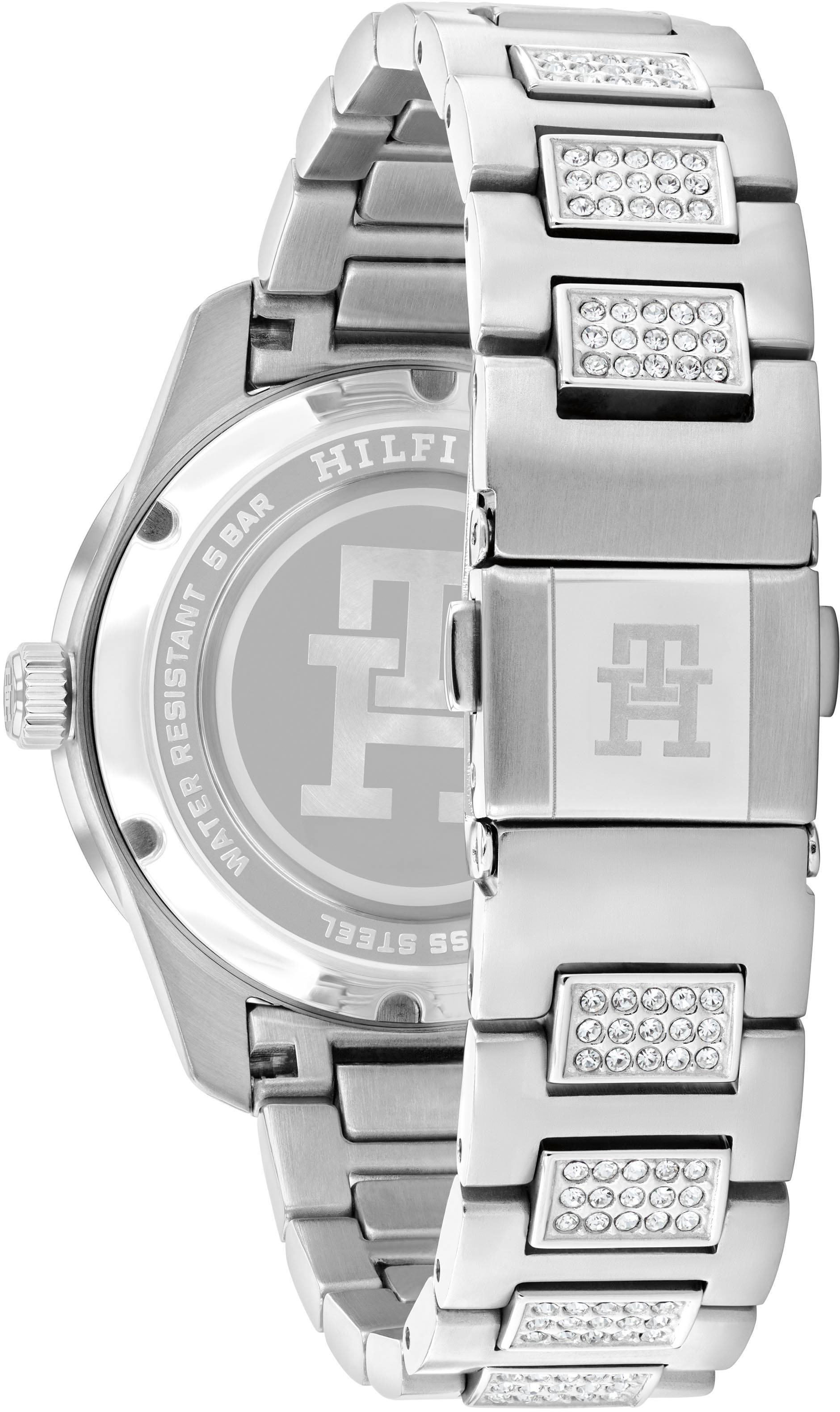 Tommy Hilfiger Quarzuhr »TH85 CRYSTALS«, Armbanduhr, Damenuhr, Edelstahlarmband, analog, Tag, Glassteine