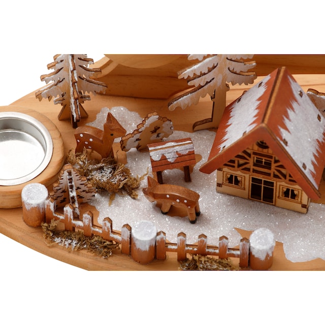 Home affaire Teelichthalter »Winterlandschaft, Weihnachtsdeko aus Holz«, (1  St.), Adventsleuchter für 4 Teelichter, Breite ca. 37 cm | BAUR
