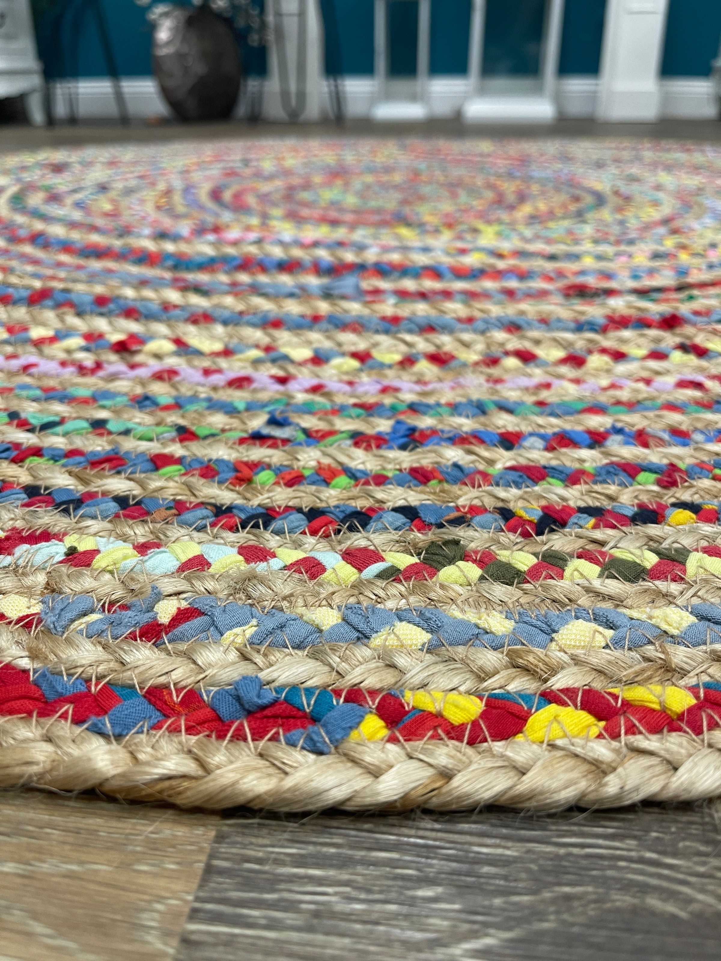 Teppich "Boho Breeze", beige (natur multicolor), H:10mm Ø:100cm, Baumwolle, Jute, MYFLAIR MÖBEL & ACCESSOIRES, Teppiche, Teppich, Juteteppich, handgeflochten, Wendeteppich, farbige Baumwoll-Akzente 3