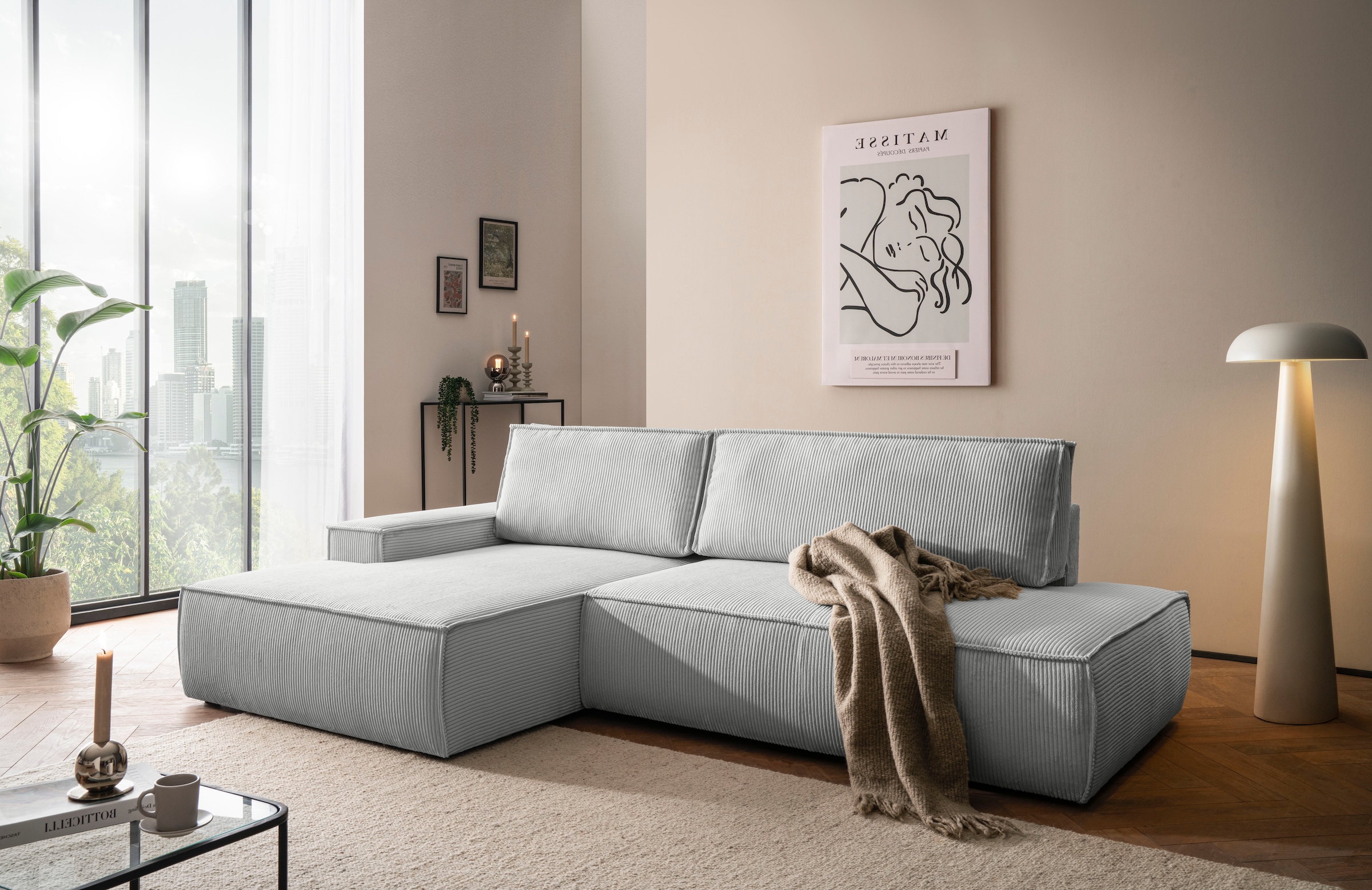 Home affaire Ecksofa »SHERWOOD, Schlafsofa in L-Form offen (275cm), Cord, Leinenoptik«, Schlaffunktion und Bettkasten, Kedernaht, hoher Sitz- & Liegekomfort