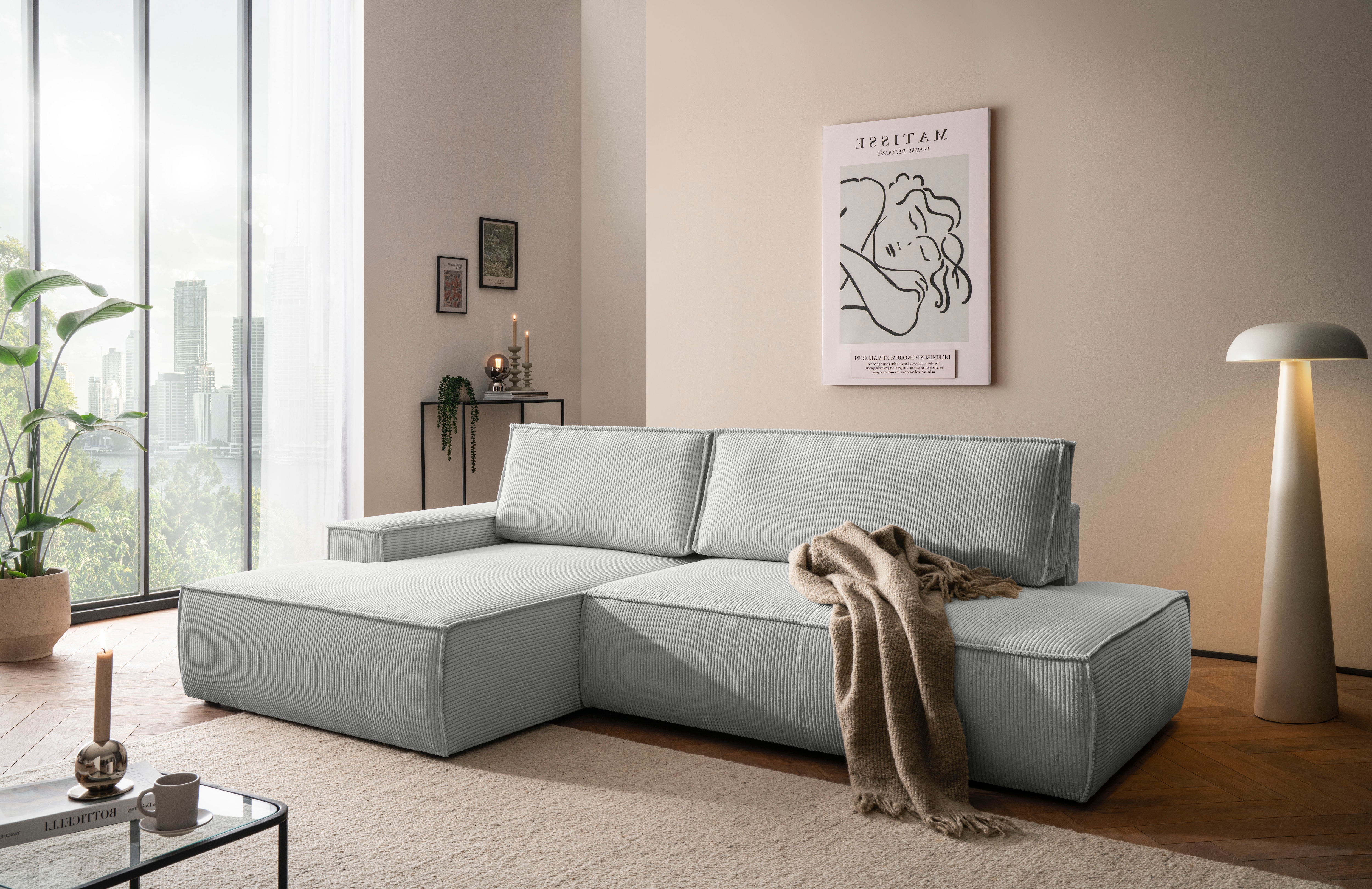 OTTO home Ecksofa "SHERWOOD Cord Schlafsofa in L-Form offen (275cm)" Schlaffunktion und Bettkasten, Kedernaht, hoher Sitz- & Liegekomfort